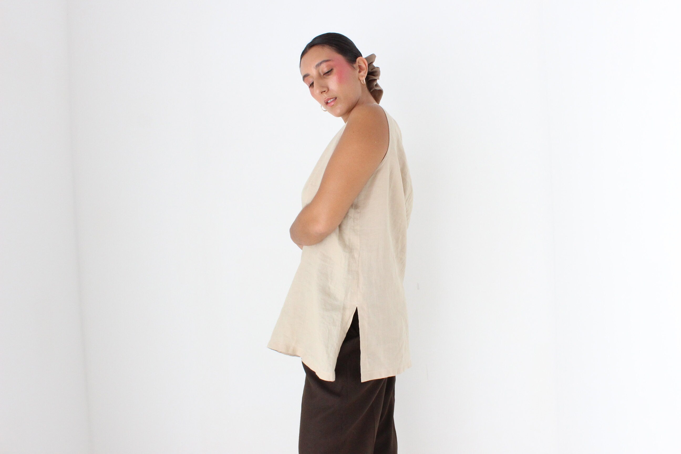 90s Neutral Linen Relaxed, Loose Sleeveless Smock Top