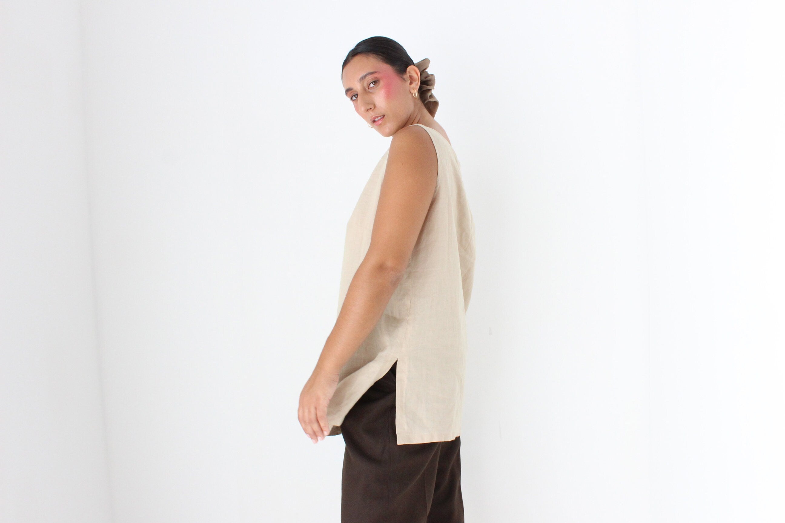 90s Neutral Linen Relaxed, Loose Sleeveless Smock Top