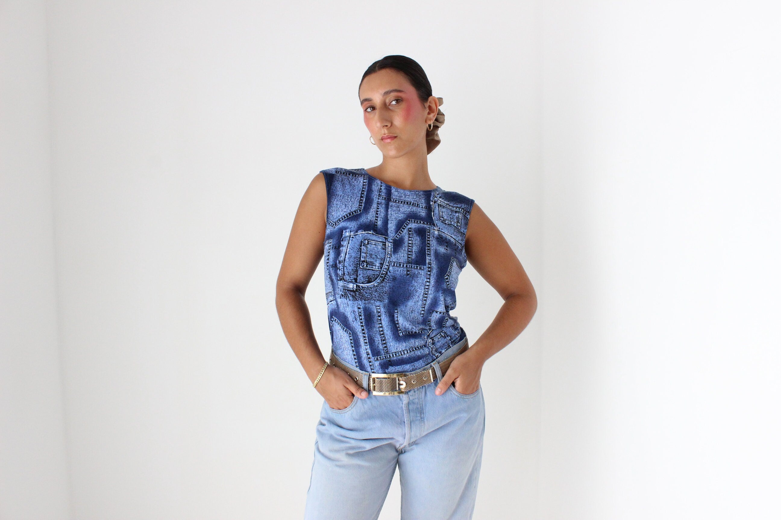 Y2K Denim Printed Patchwork Sleeveless Tank