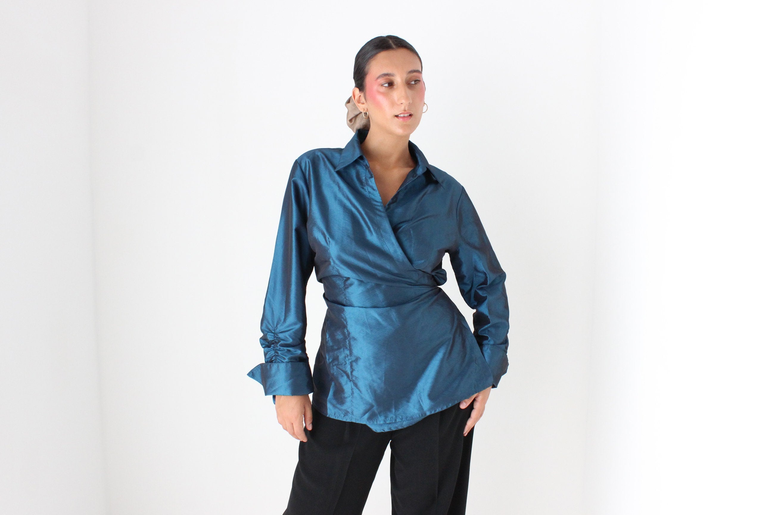 90s Sculptural Metallic Teal Taffeta Versatile Wrap Top