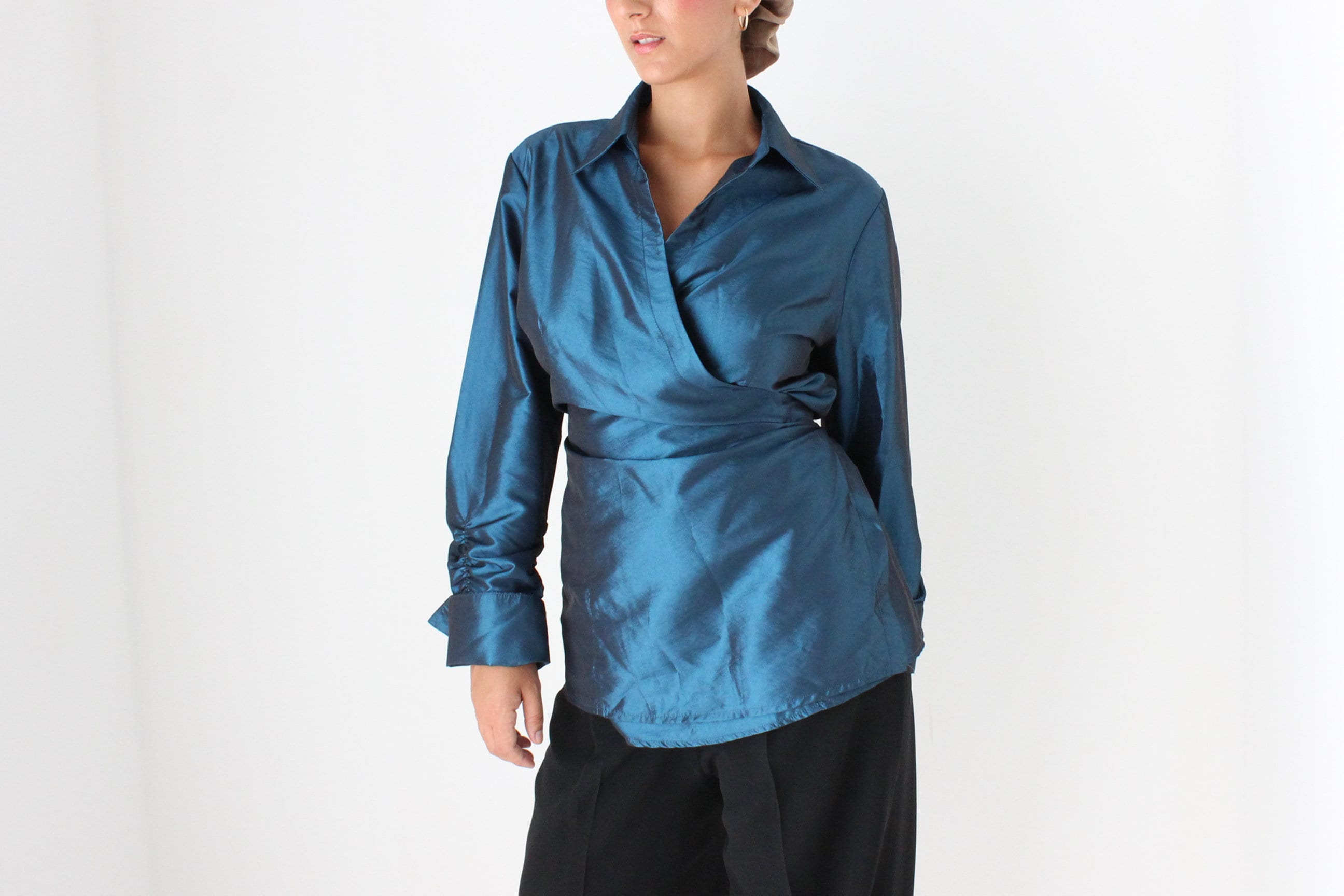 90s Sculptural Metallic Teal Taffeta Versatile Wrap Top