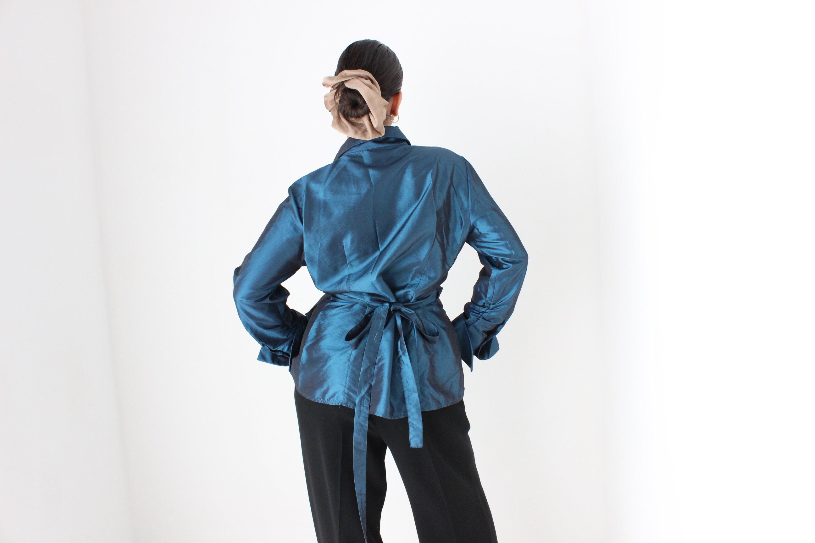 90s Sculptural Metallic Teal Taffeta Versatile Wrap Top