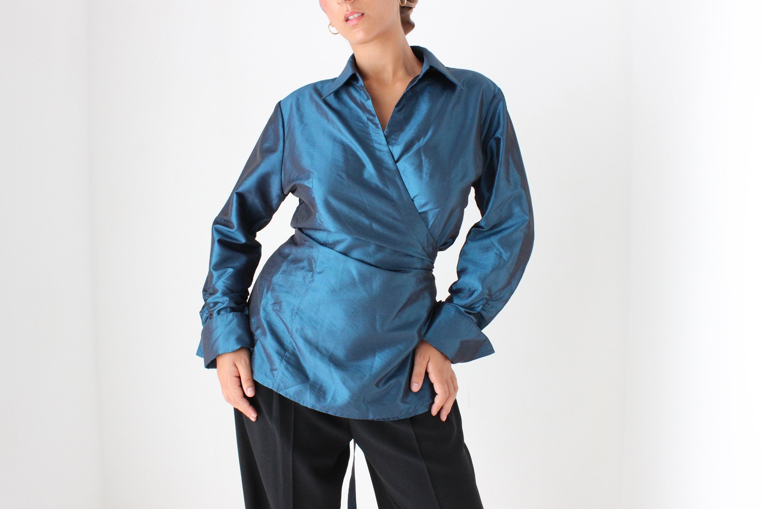 90s Sculptural Metallic Teal Taffeta Versatile Wrap Top