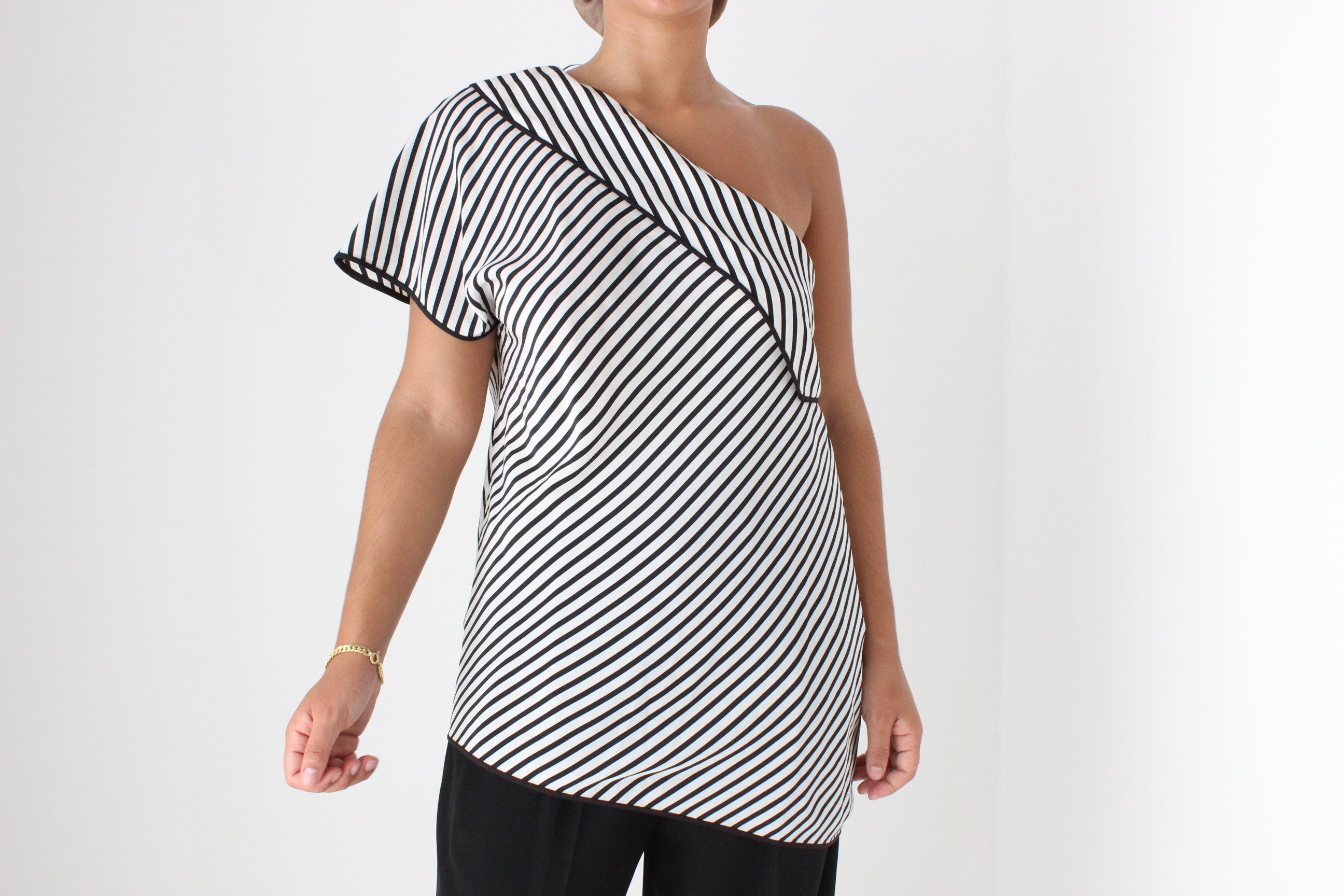 2000s Diane Von Furstenberg Modernist Striped One Shoulder Silk Top