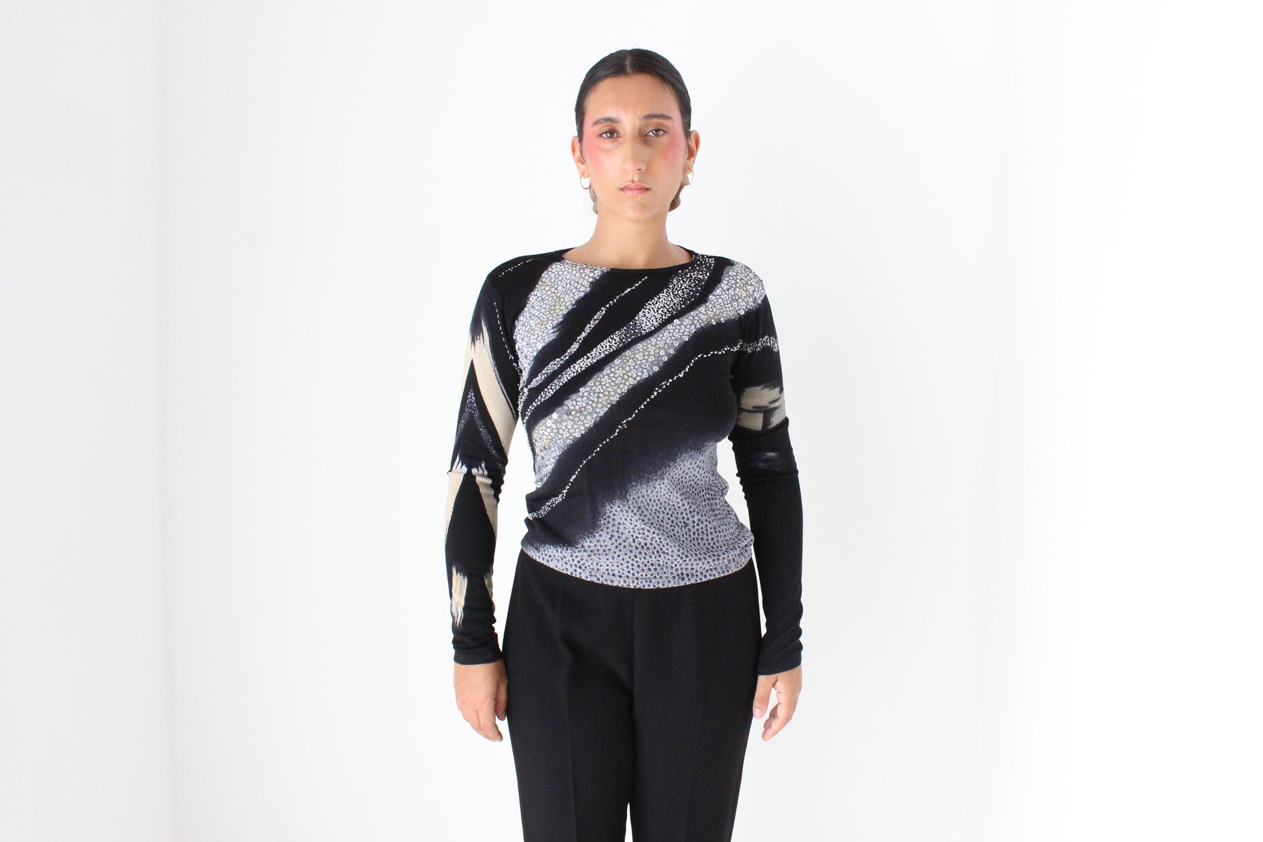 Y2K Stretch Abstract Animal Print & Sequin Knit Top