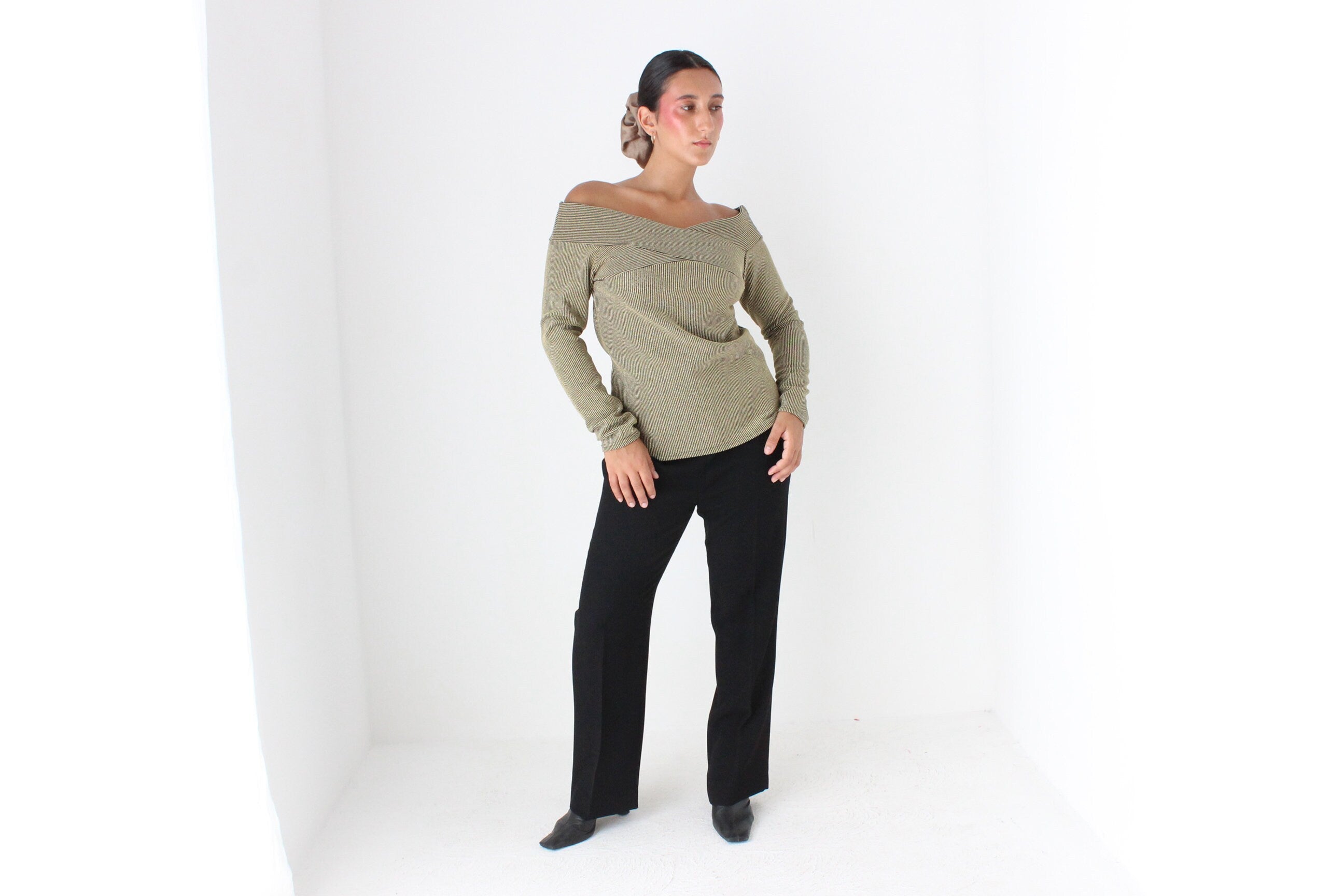 80s Gold Lurex Off Shoulder Sexy Knit Disco Top