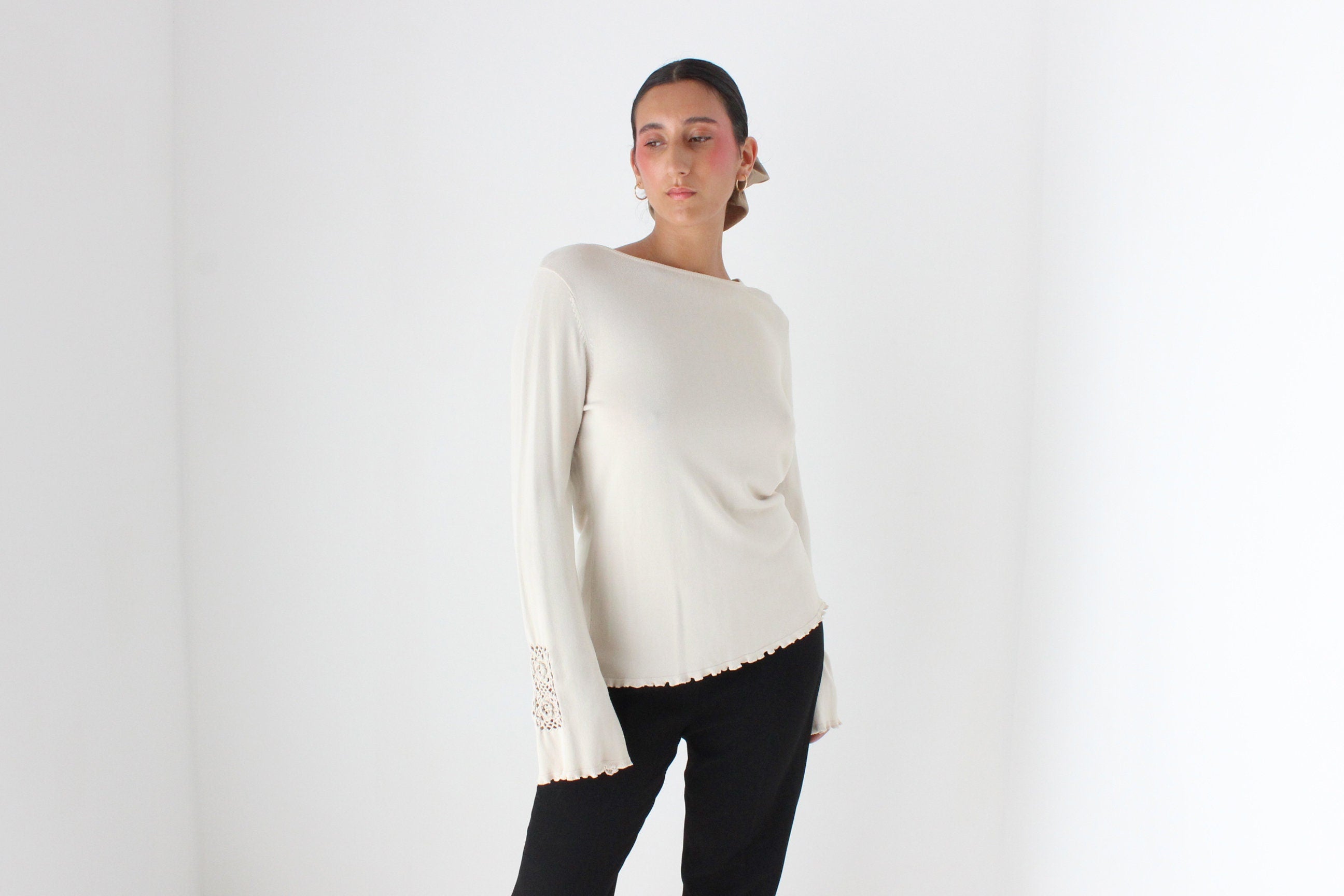 Y2K Neutral Knit Top w/ Crochet Flared Sleeves