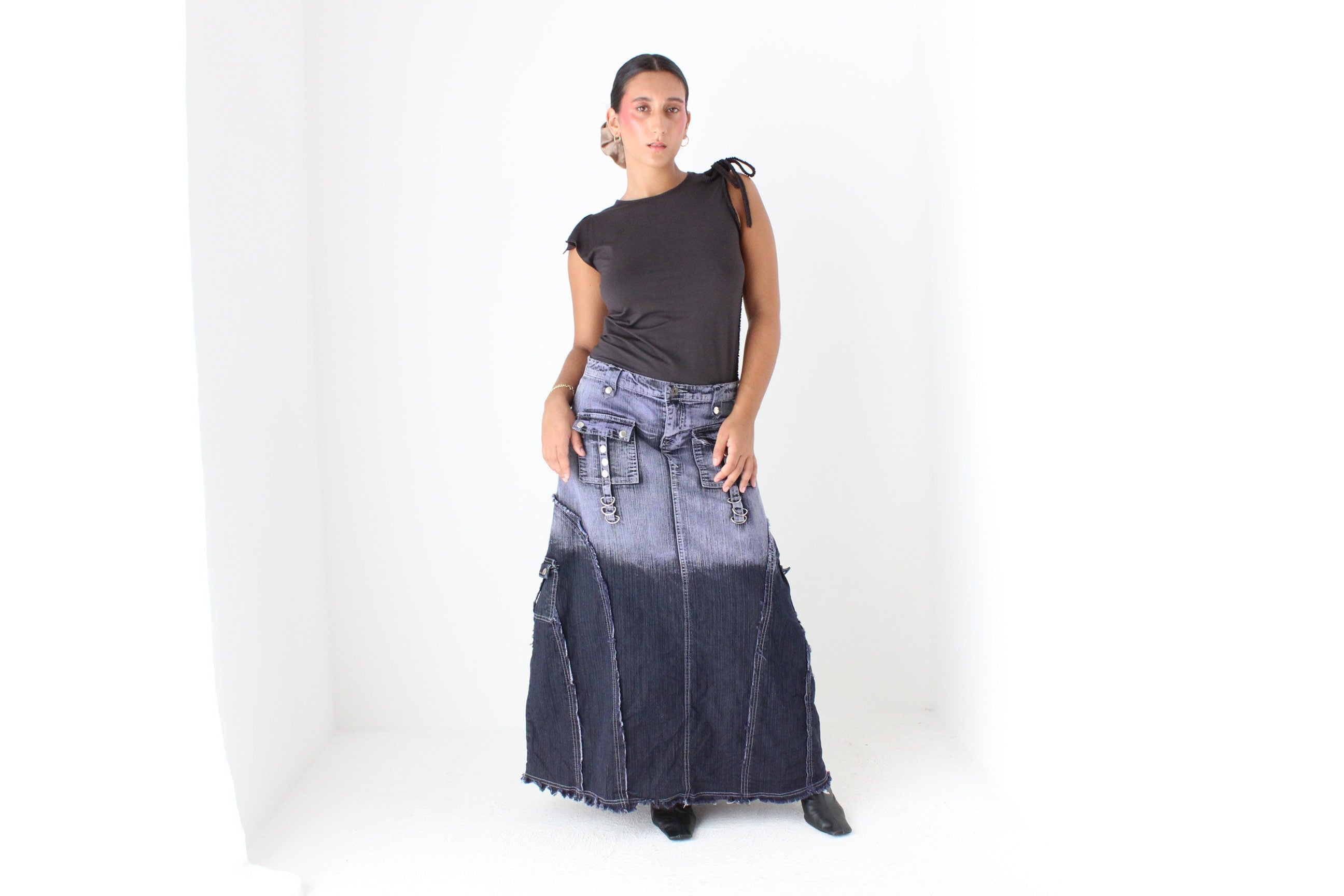 Y2K Maximalist German Techno Dip-Dye Denim Cargo Maxi Skirt