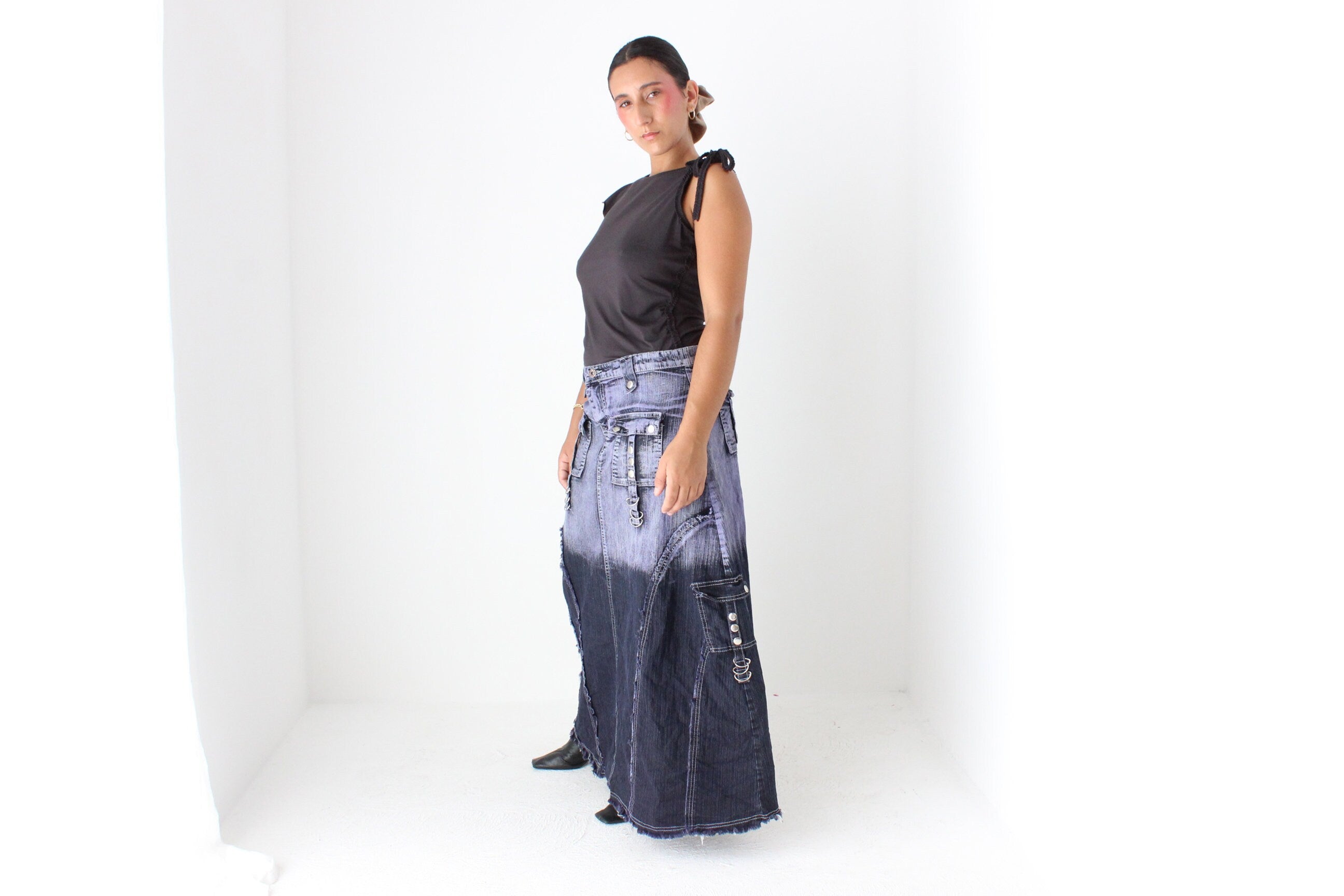 Y2K Maximalist German Techno Dip-Dye Denim Cargo Maxi Skirt