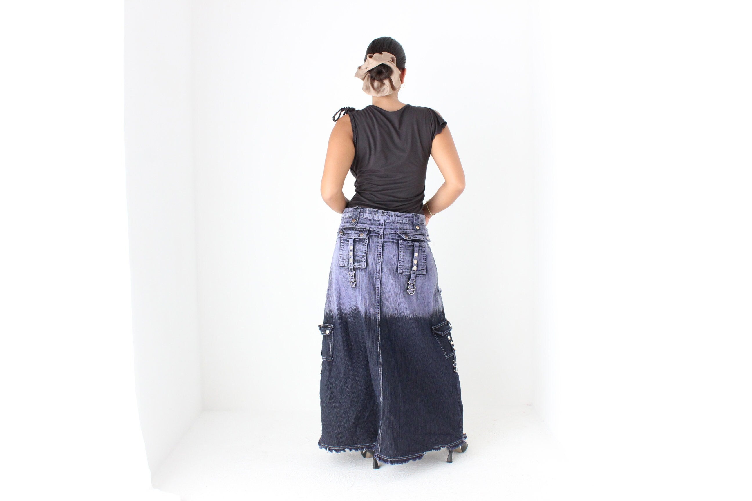 Y2K Maximalist German Techno Dip-Dye Denim Cargo Maxi Skirt