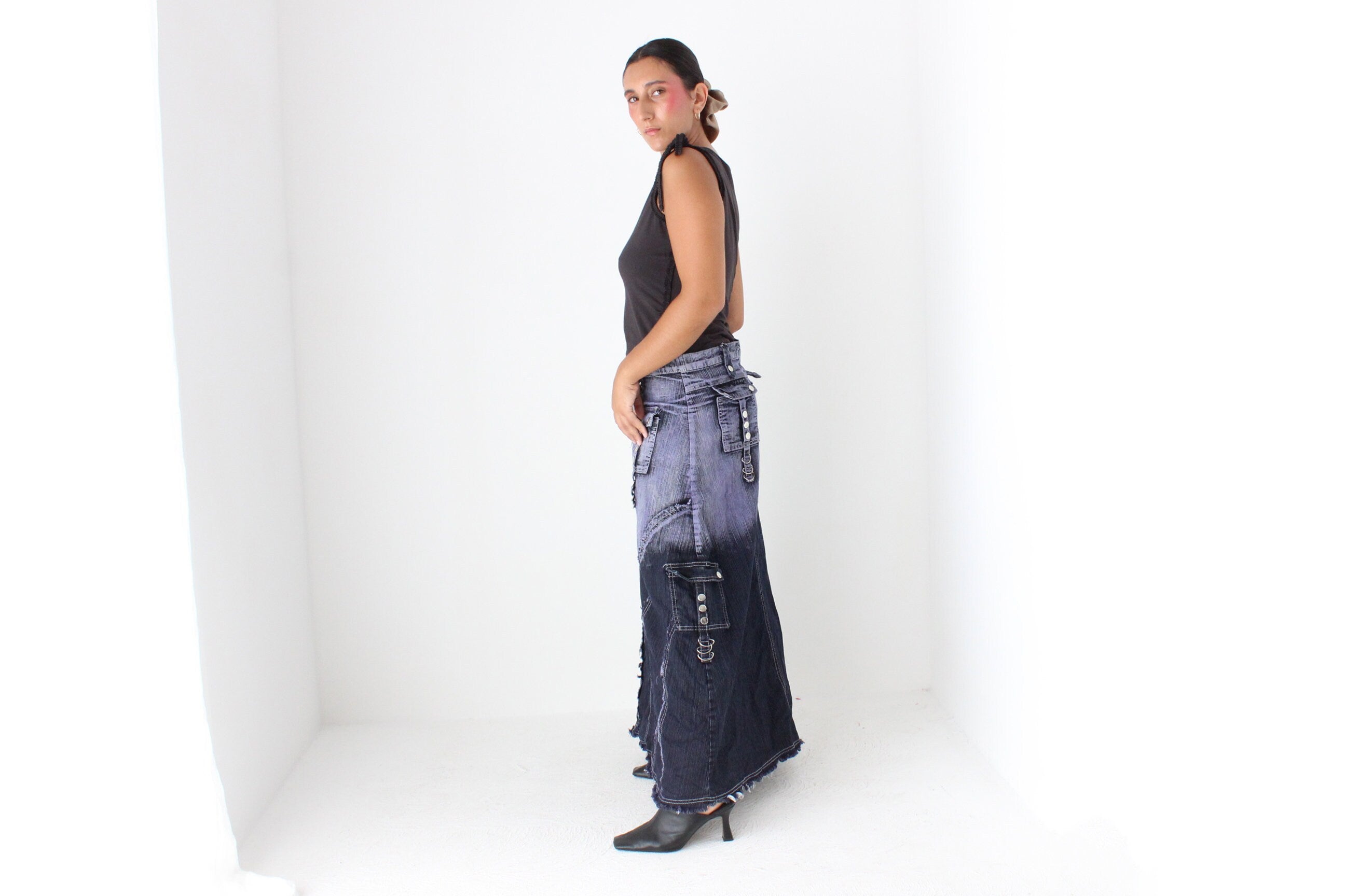 Y2K Maximalist German Techno Dip-Dye Denim Cargo Maxi Skirt