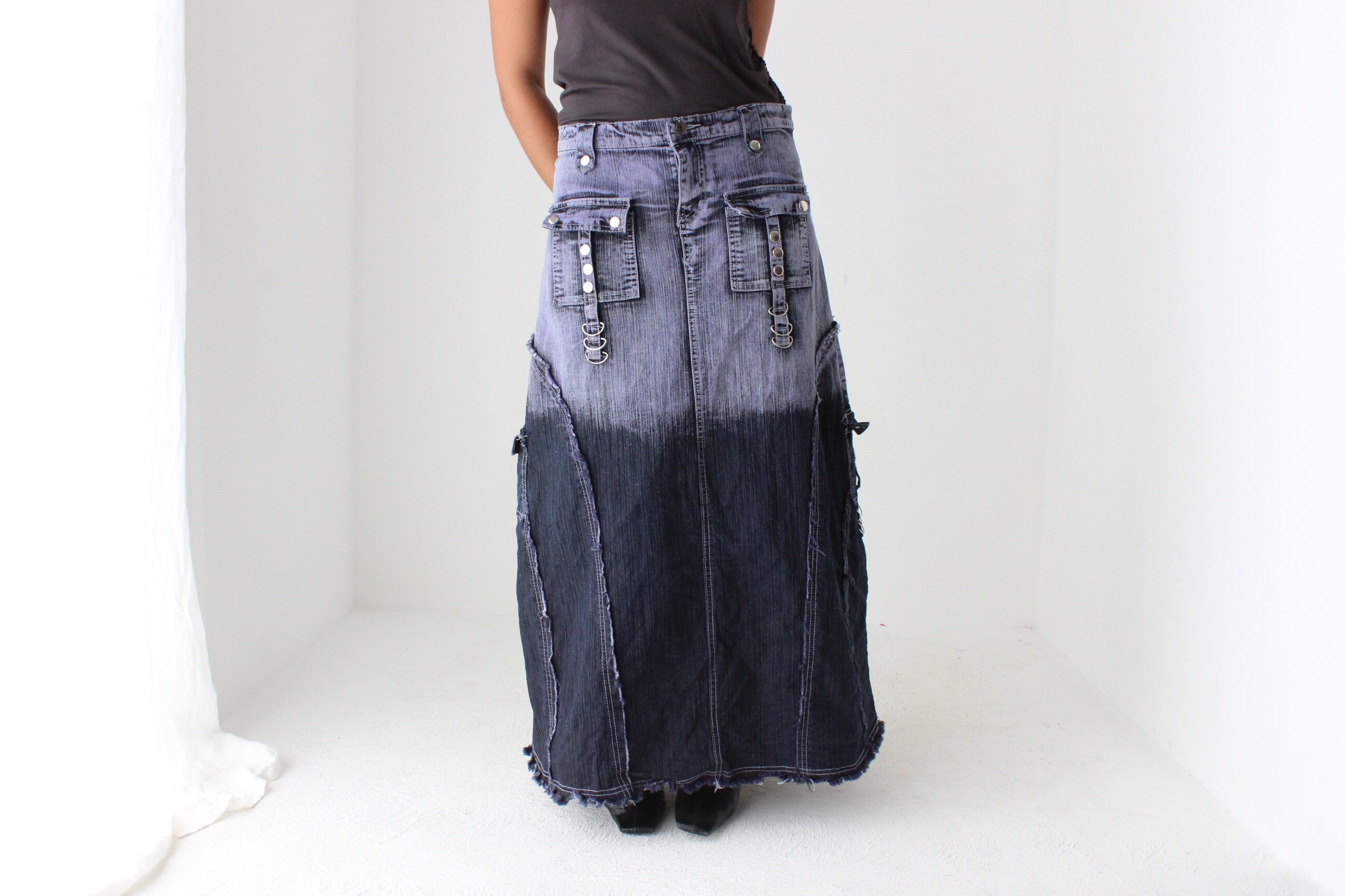 Y2K Maximalist German Techno Dip-Dye Denim Cargo Maxi Skirt