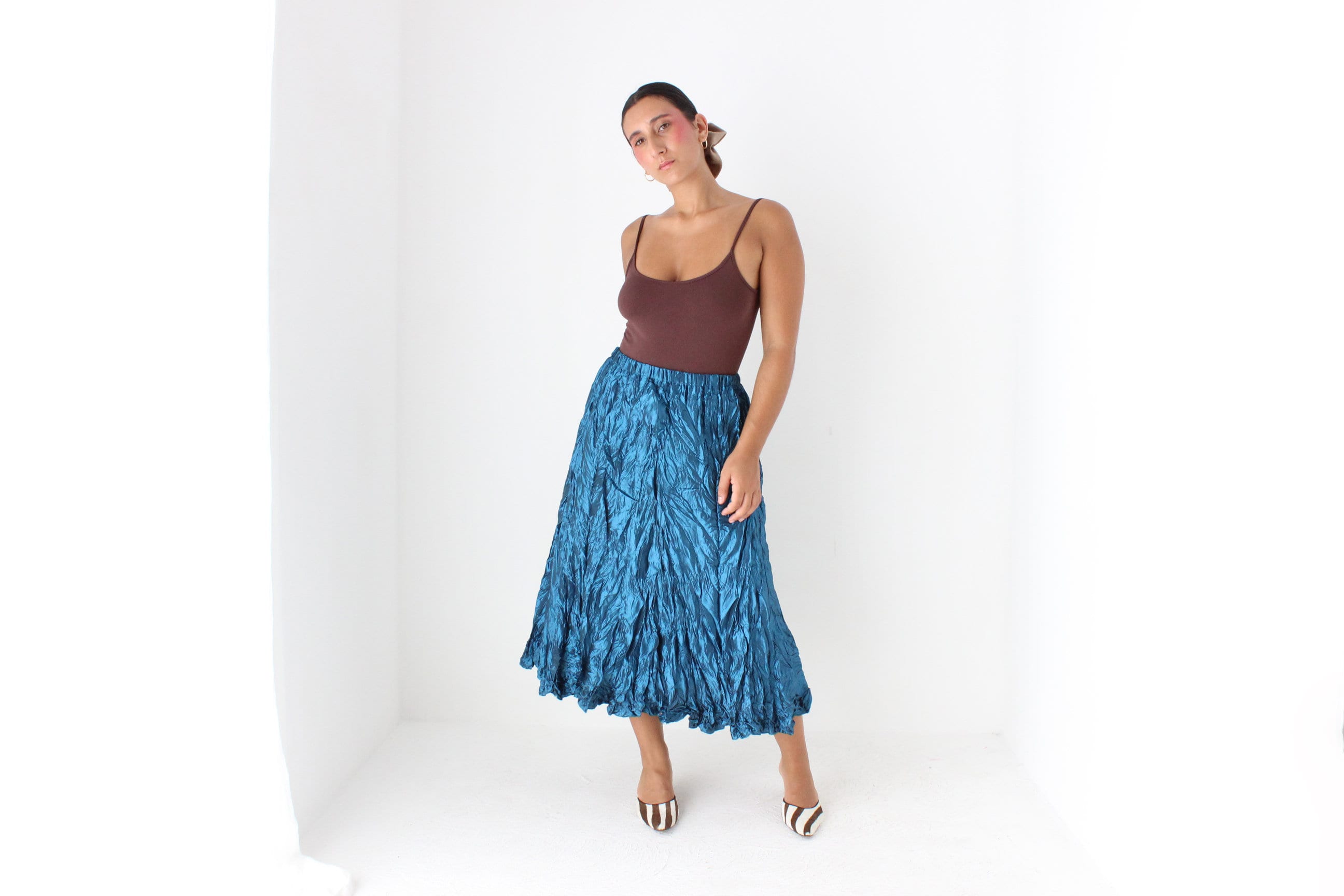 Y2K Metallic Blue Crinkle Taffeta Origami Midi Skirt