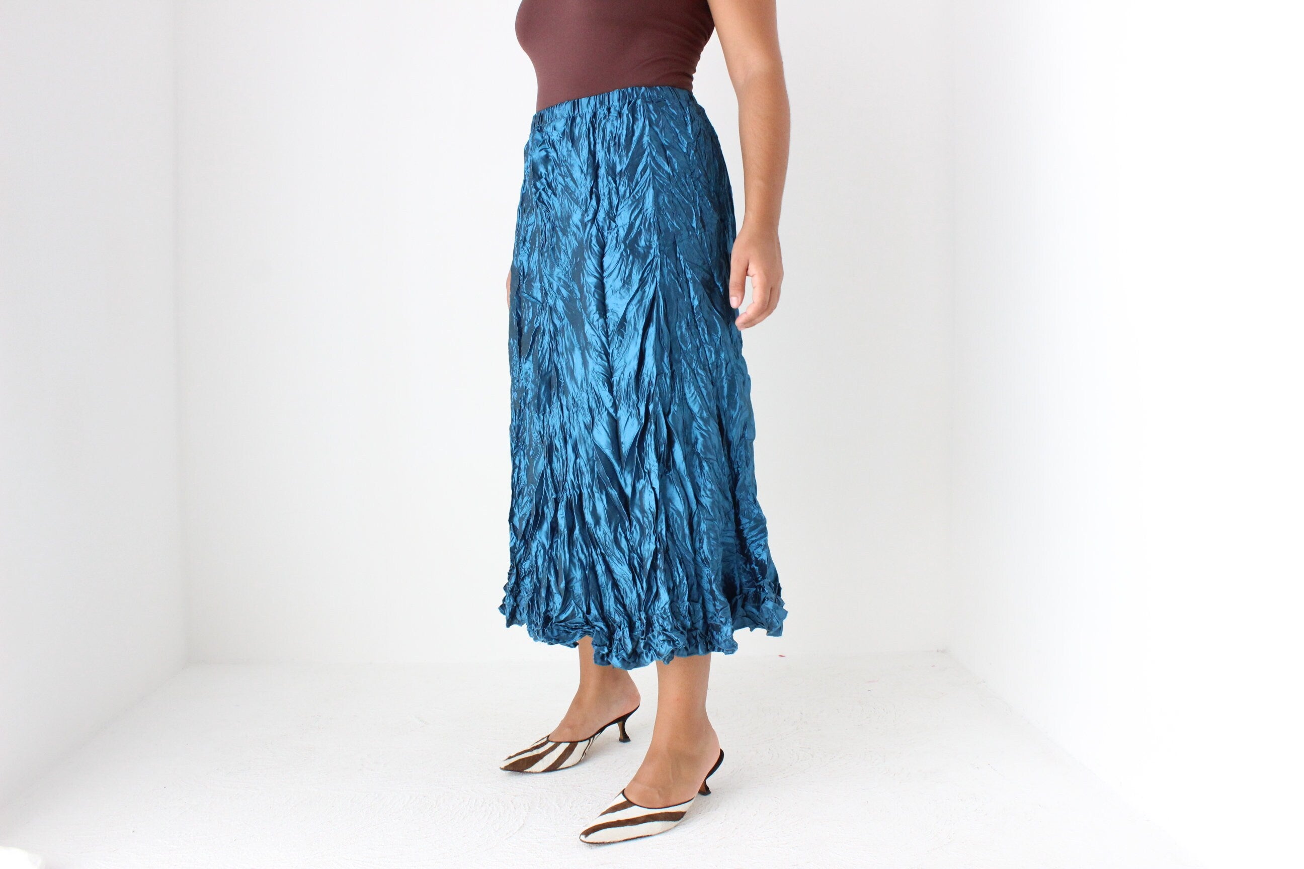 Y2K Metallic Blue Crinkle Taffeta Origami Midi Skirt