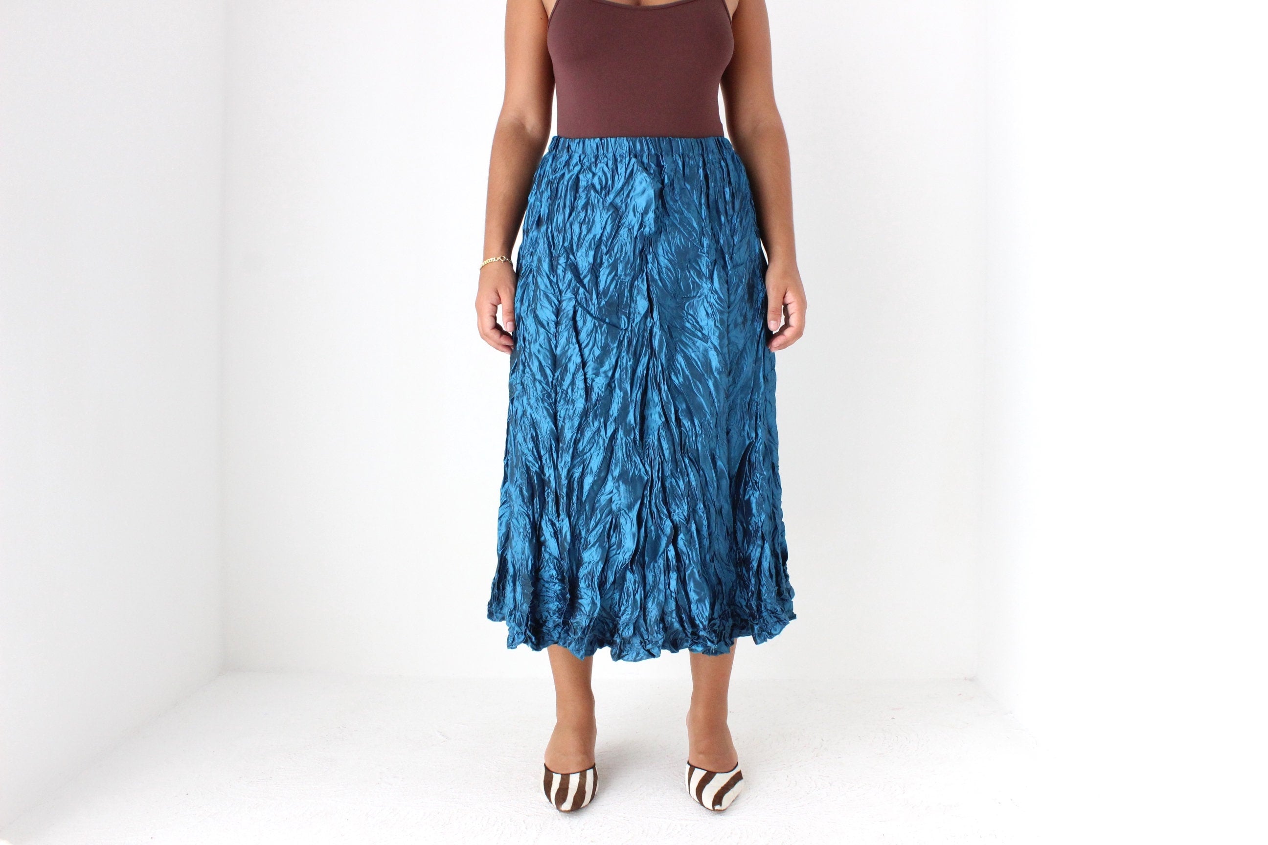 Y2K Metallic Blue Crinkle Taffeta Origami Midi Skirt