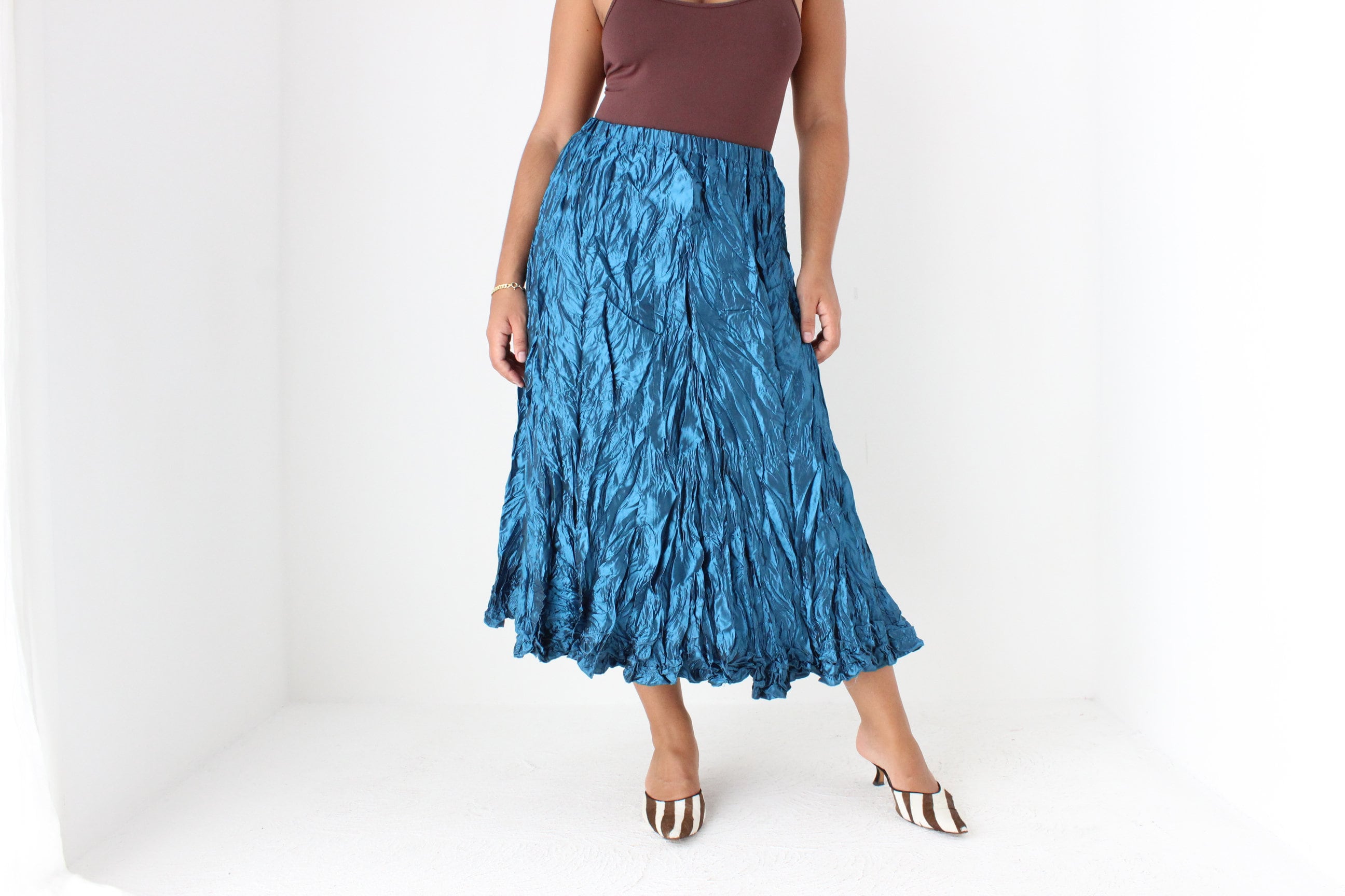 Y2K Metallic Blue Crinkle Taffeta Origami Midi Skirt