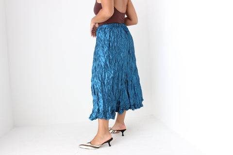 Y2K Metallic Blue Crinkle Taffeta Origami Midi Skirt
