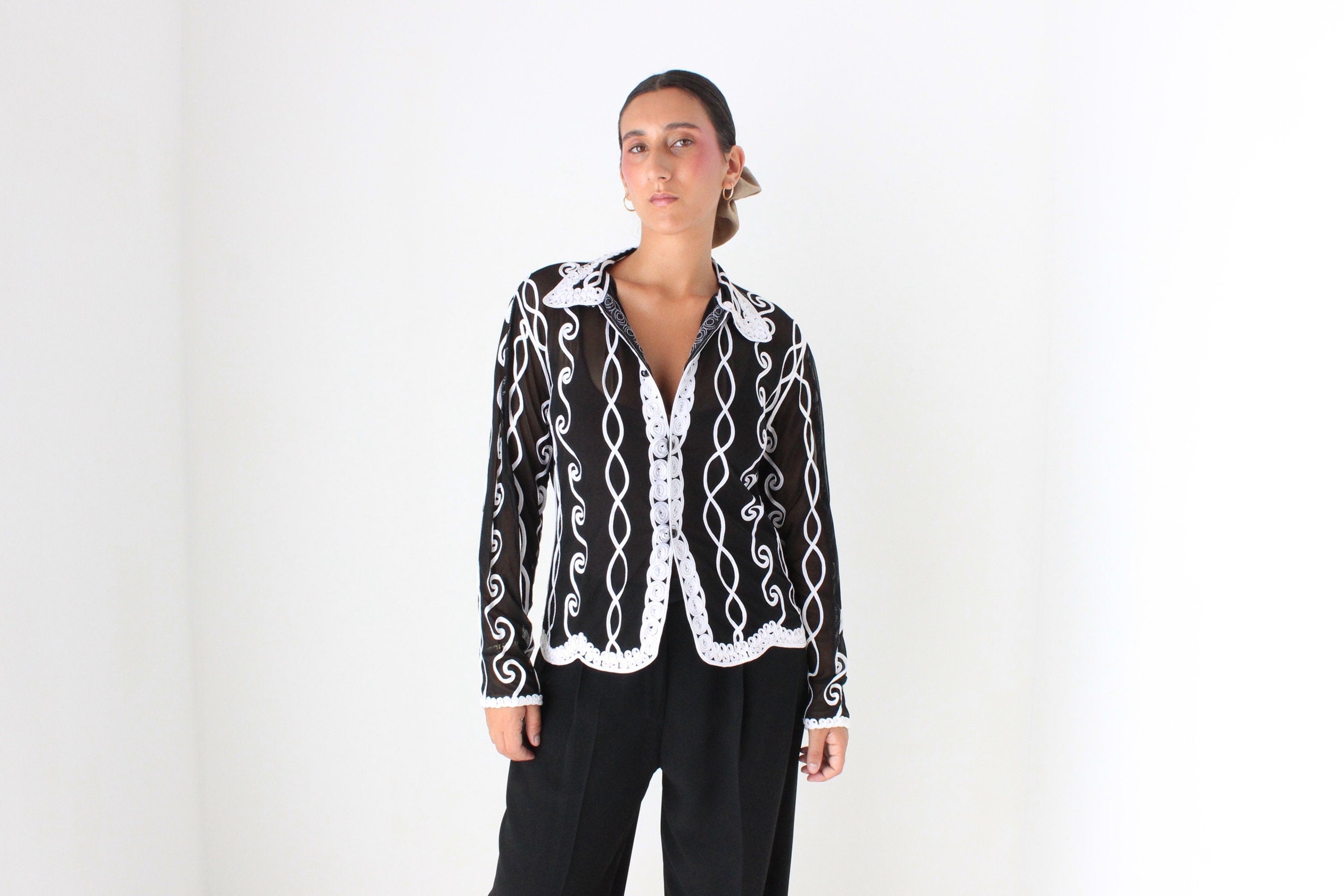 Funky Y2K Mesh & Ribbon Sheer Button Up Shirt