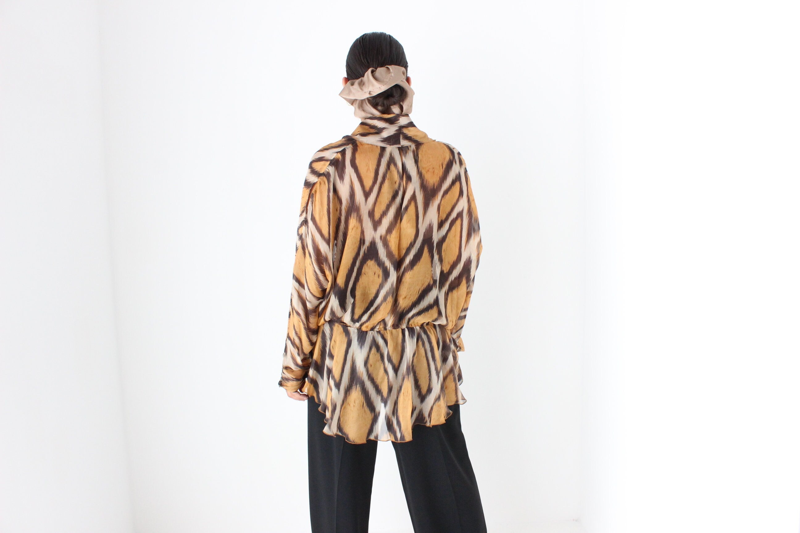 Y2K Pure Silk Animal Print Batwing Top