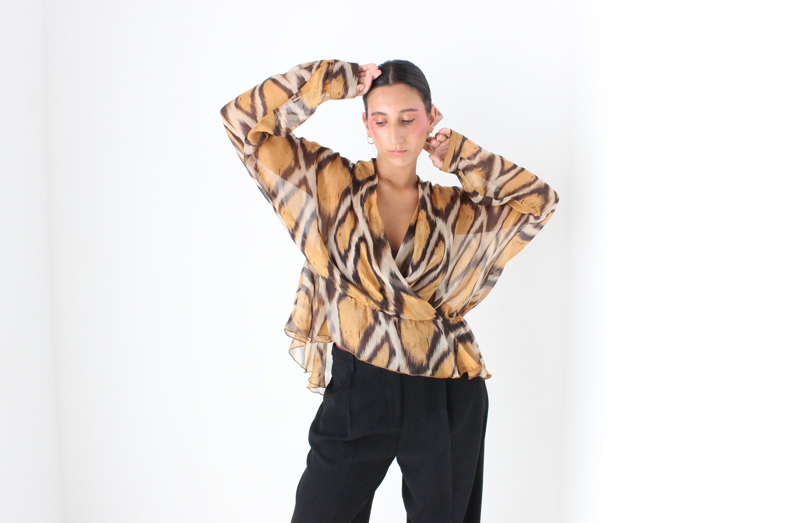 Y2K Pure Silk Animal Print Batwing Top