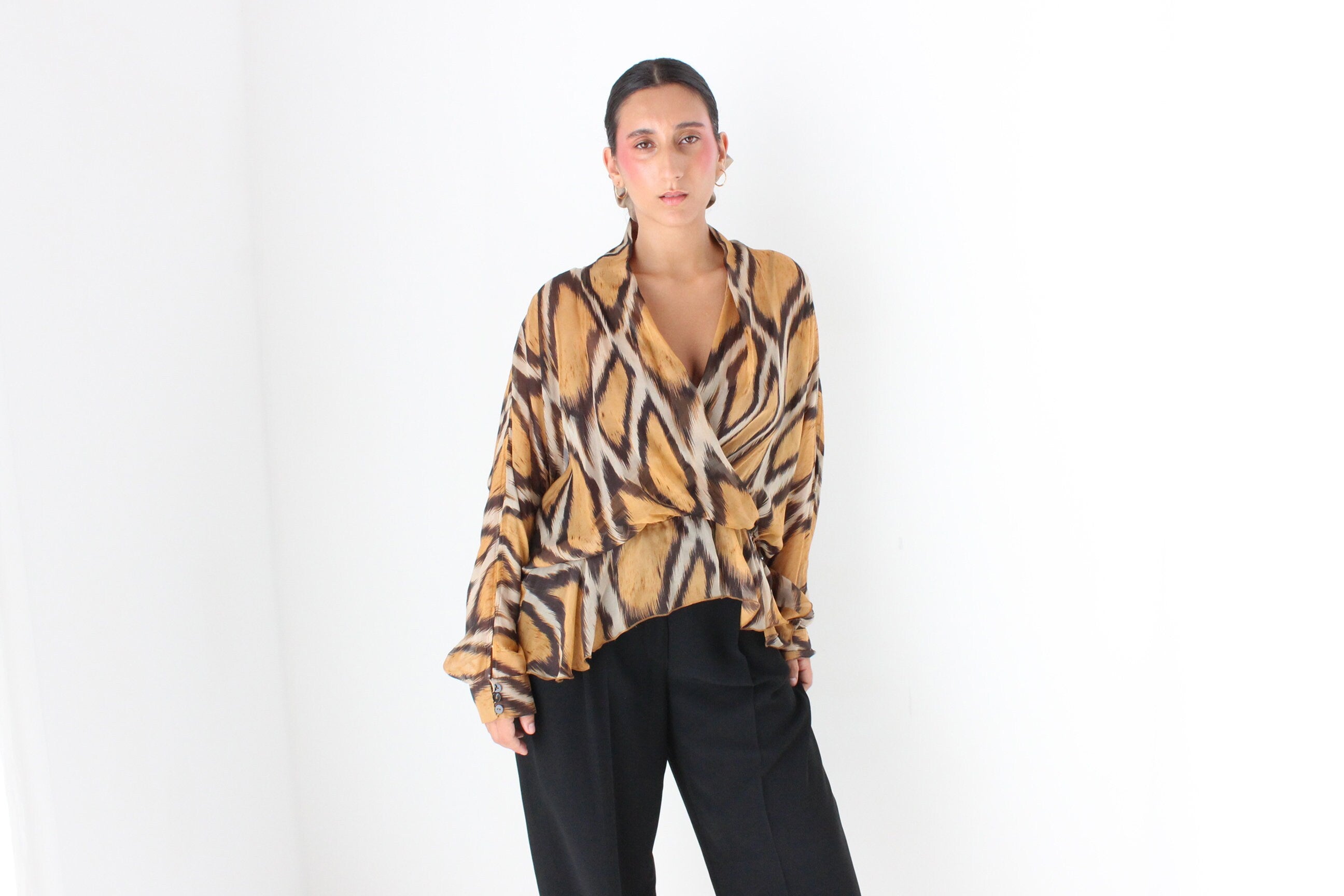 Y2K Pure Silk Animal Print Batwing Top