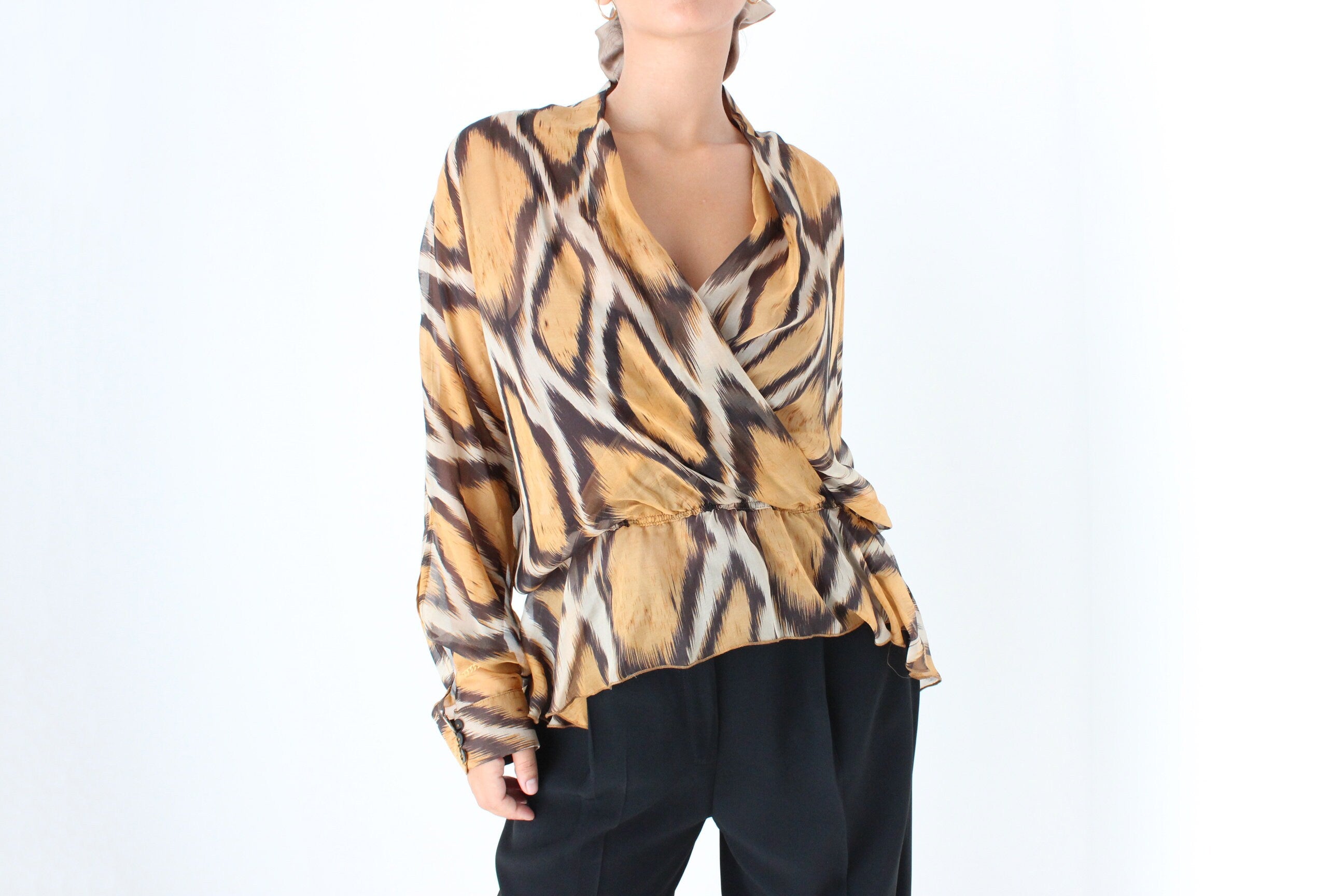 Y2K Pure Silk Animal Print Batwing Top