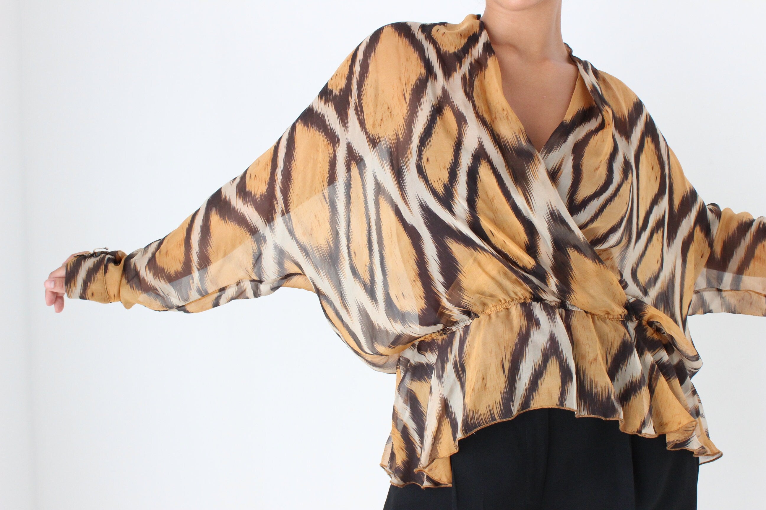 Y2K Pure Silk Animal Print Batwing Top