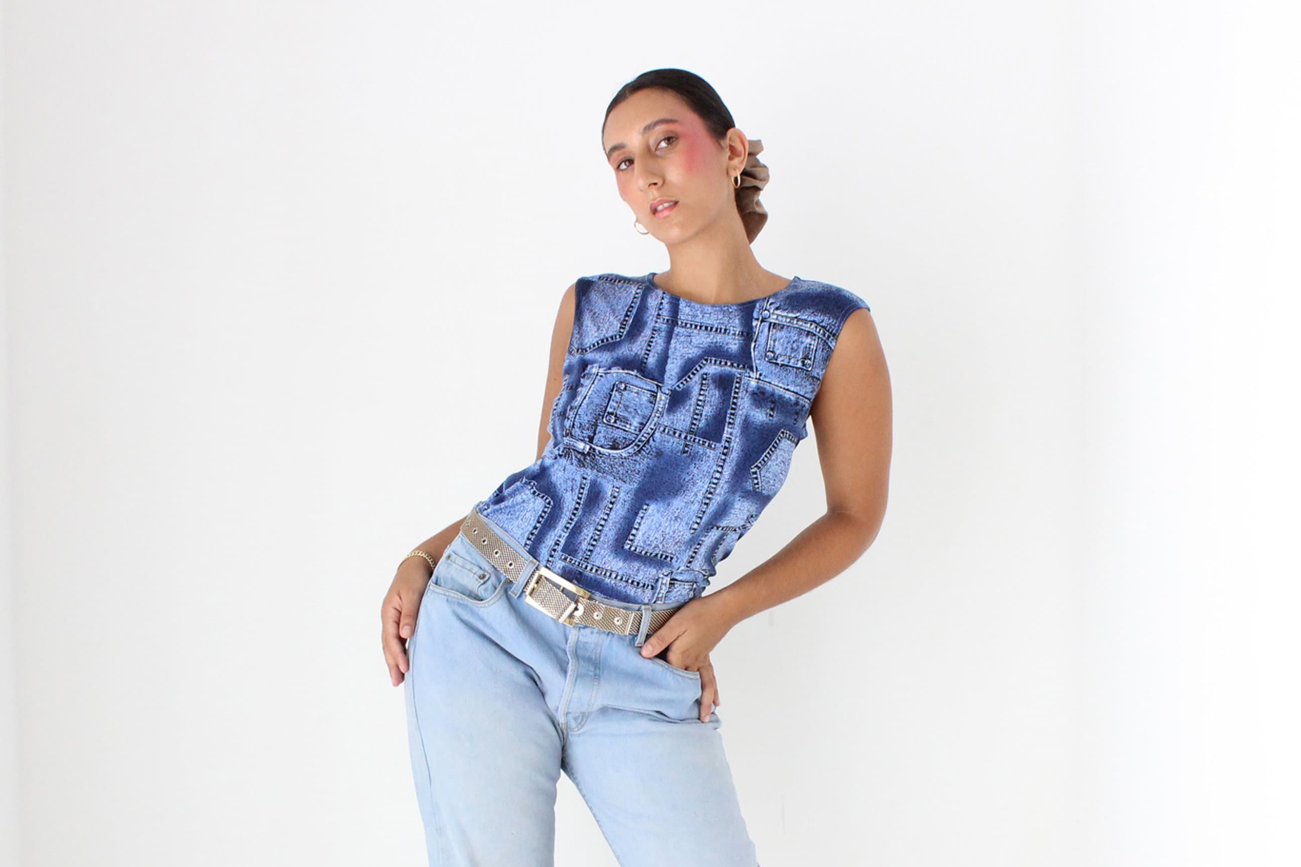 Y2K Denim Printed Patchwork Sleeveless Tank