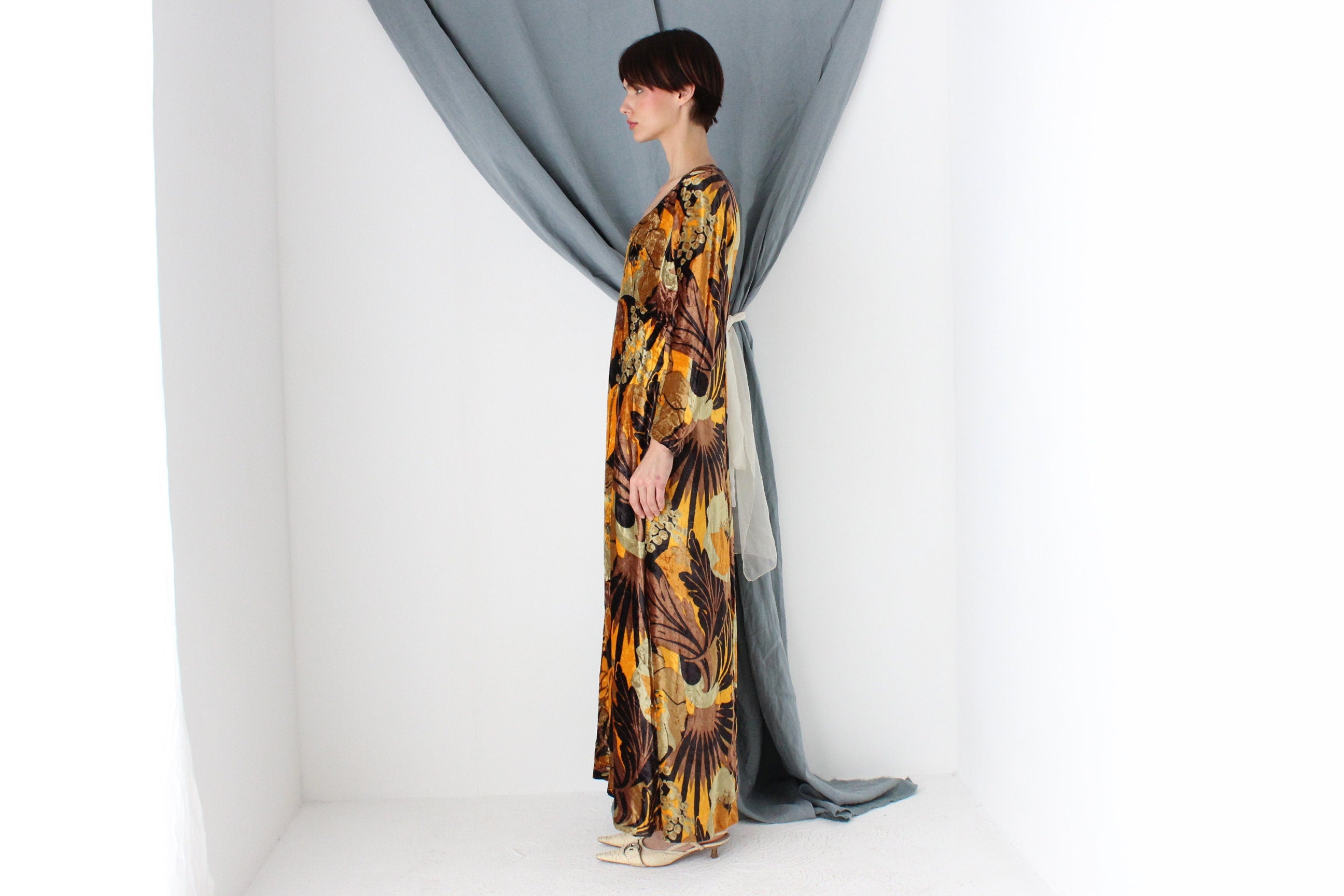 MADE IN ITALY One of a Kind Handmade 1970s Floral Rayon Velvet Maxi