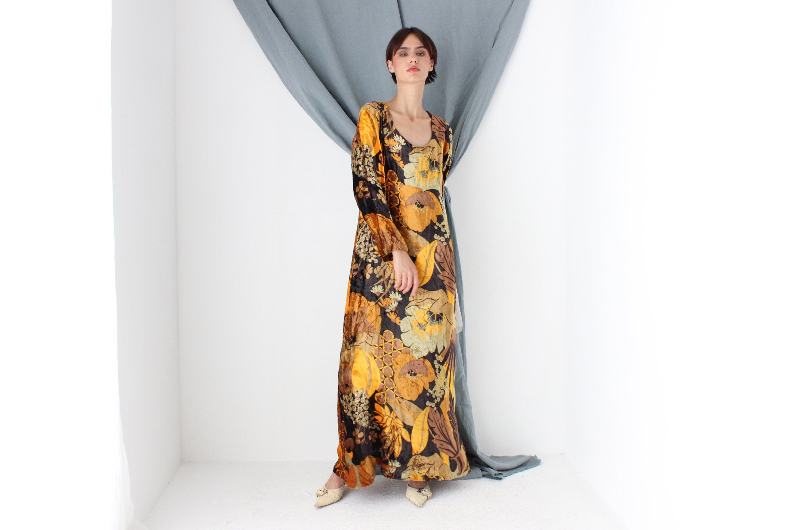 MADE IN ITALY One of a Kind Handmade 1970s Floral Rayon Velvet Maxi