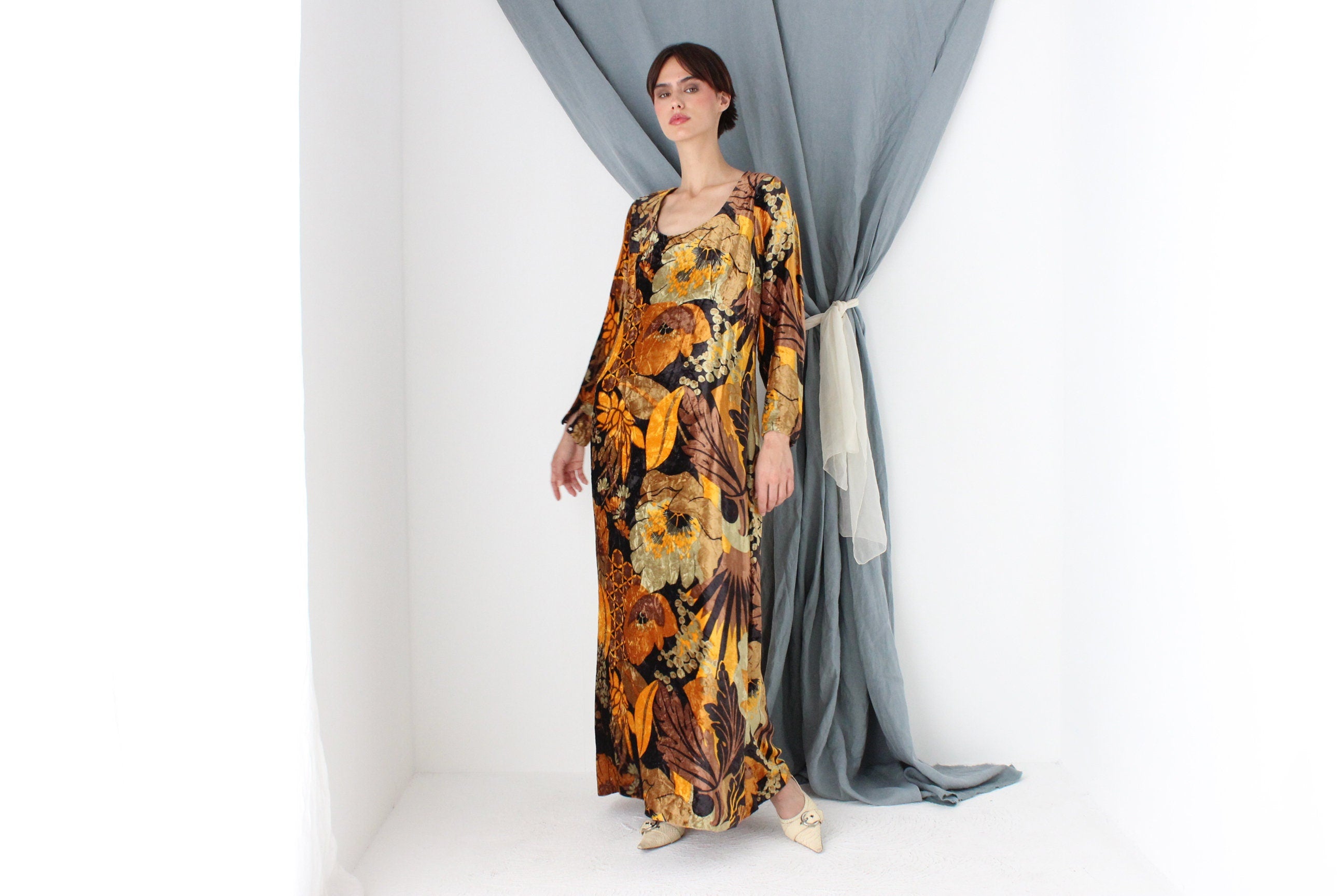 MADE IN ITALY One of a Kind Handmade 1970s Floral Rayon Velvet Maxi