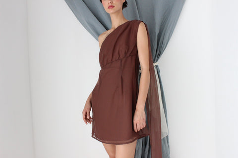 MADE IN ITALY 70s Milk Chocolate One Shoulder Cocktail Dress w/ Organza Cape Detail