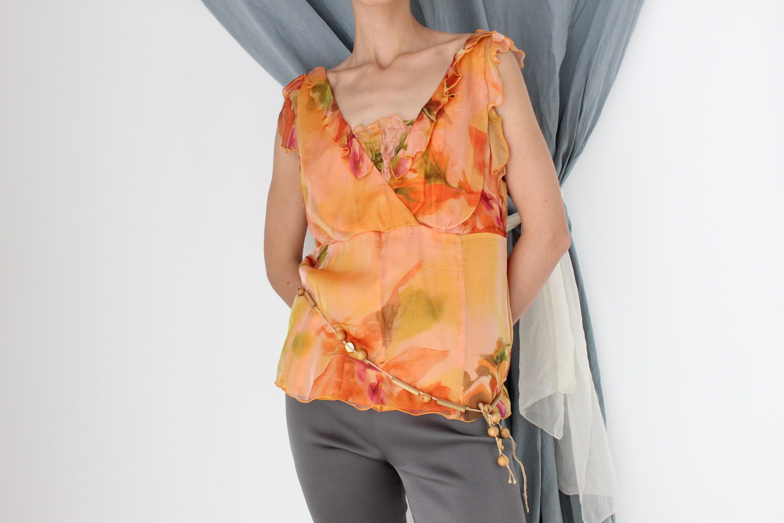 MADE IN ITALY Y2K Pure Silk Ruffle Romantic Floral Top