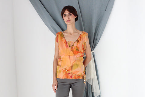 MADE IN ITALY Y2K Pure Silk Ruffle Romantic Floral Top