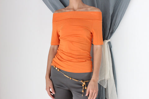 MADE IN ITALY Y2K Bright Orange Jersey Off-Shoulder Top