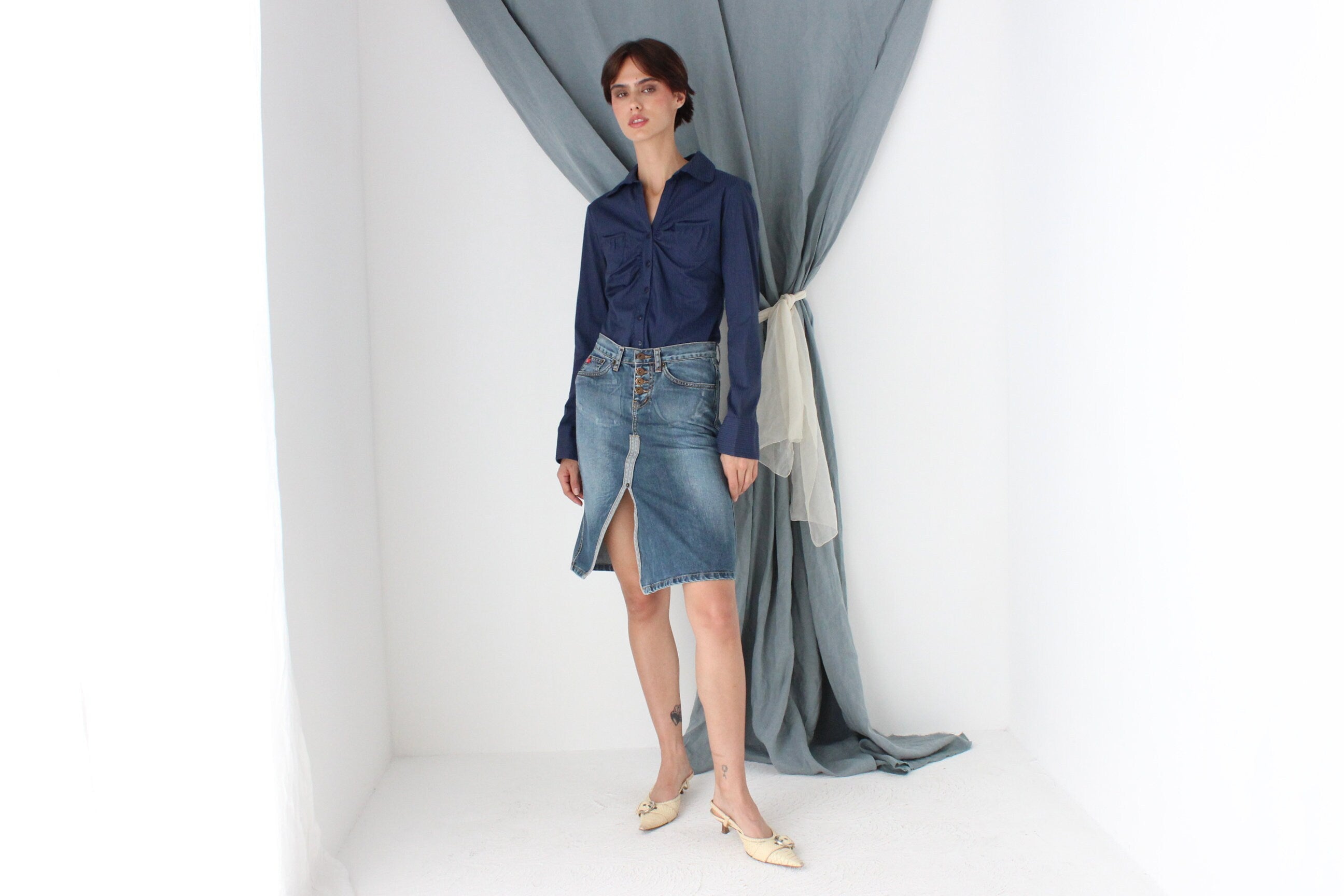 MADE IN ITALY Washed Out Phard Y2K Denim Skirt