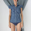MADE IN ITALY 2000s Denim Puff Sleeve Bodysuit w/ Rainbow Buttons