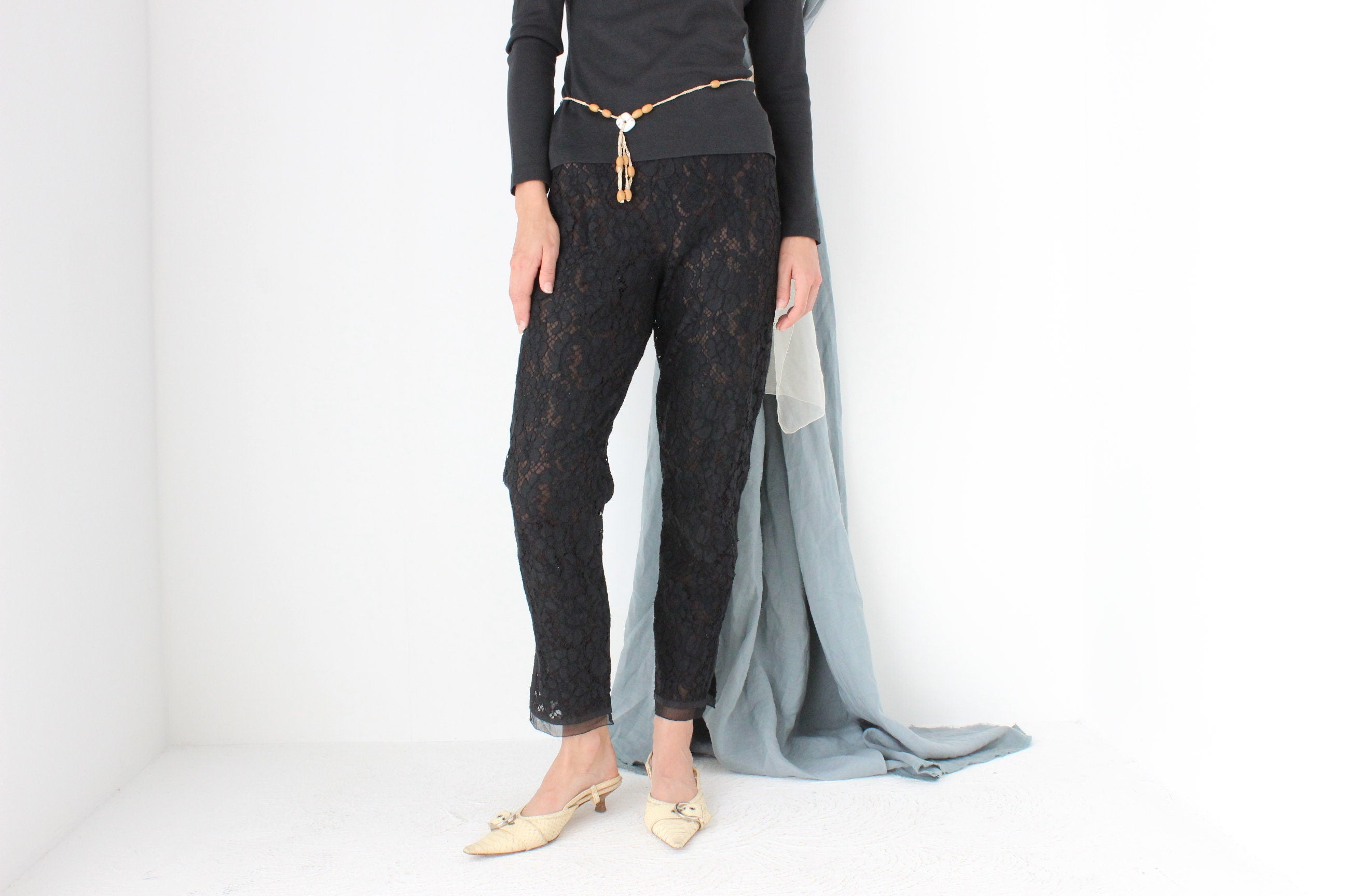 2000s PRADA Sheer Black Lace High Waist Cropped Capri Pants