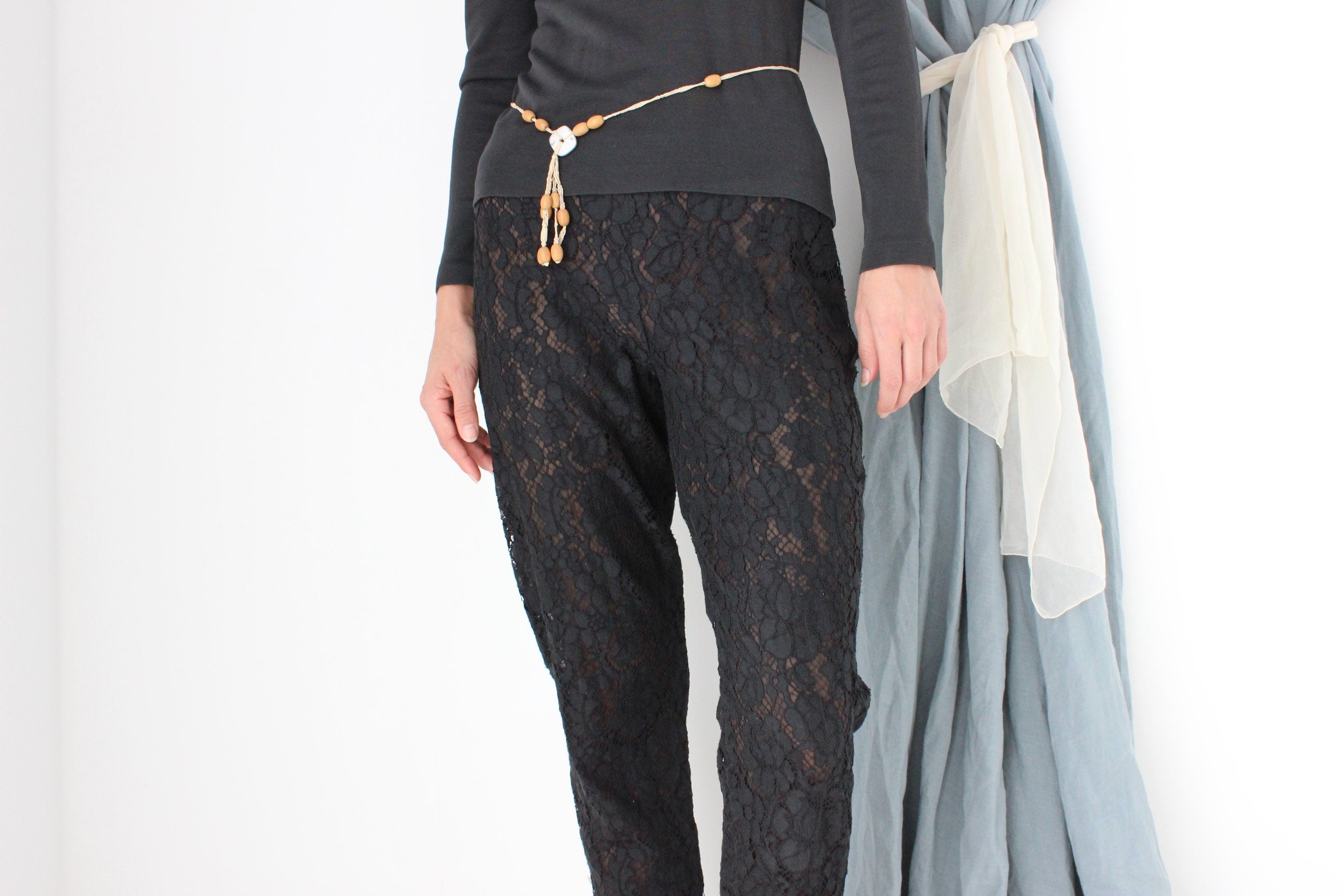 2000s PRADA Sheer Black Lace High Waist Cropped Capri Pants