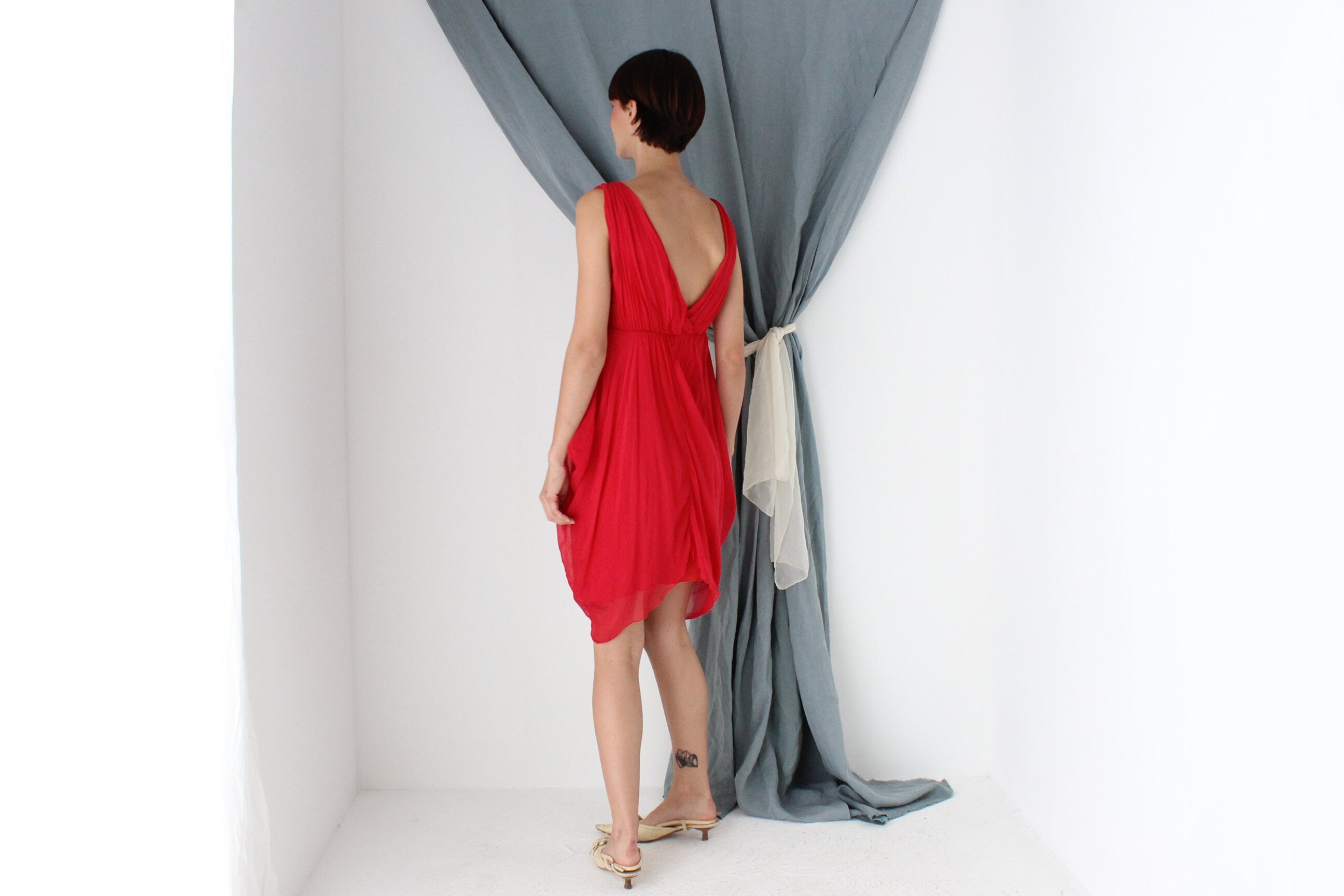 MADE IN ITALY 2000s Draped Silk Plunge Neck Dress
