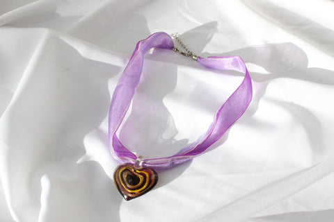 MADE IN ITALY Glass Heart Pendant Ribbon Necklace