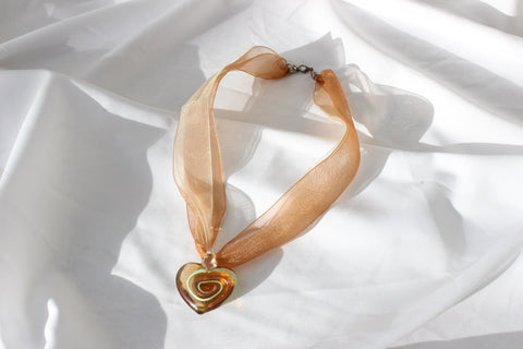 MADE IN ITALY Glass Heart Pendant Ribbon Necklace