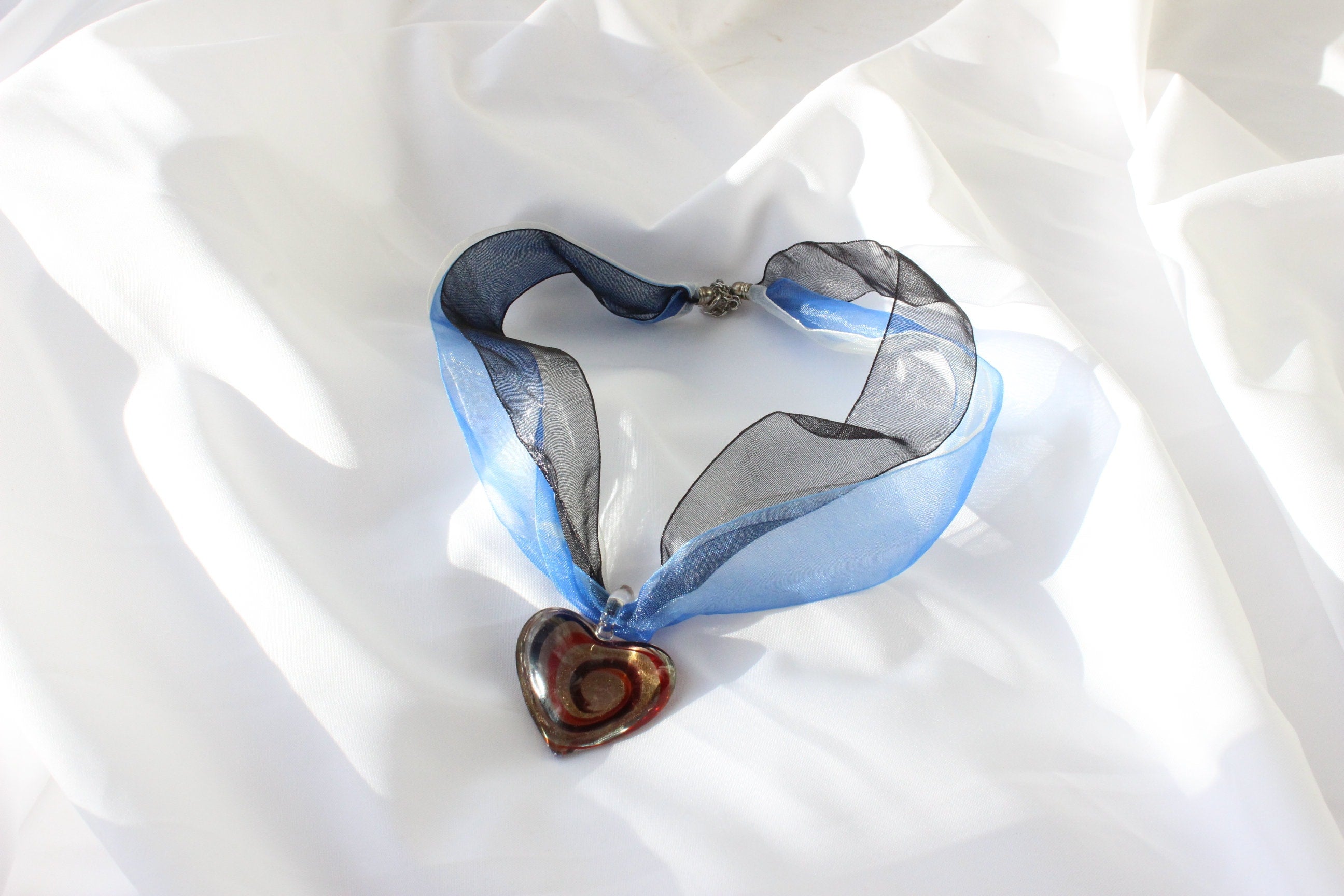 MADE IN ITALY Glass Heart Pendant Ribbon Necklace