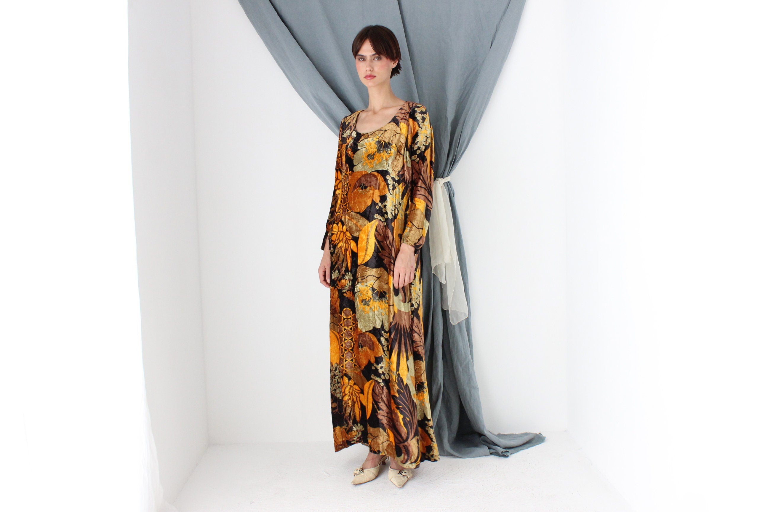 MADE IN ITALY One of a Kind Handmade 1970s Floral Rayon Velvet Maxi