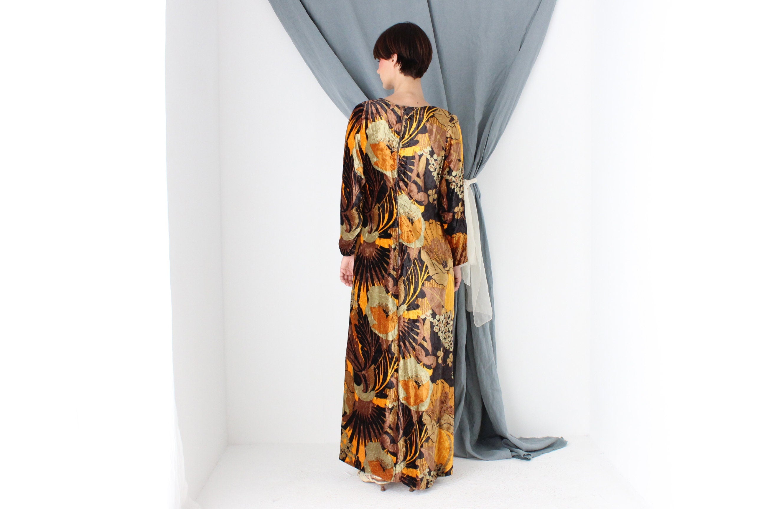 MADE IN ITALY One of a Kind Handmade 1970s Floral Rayon Velvet Maxi