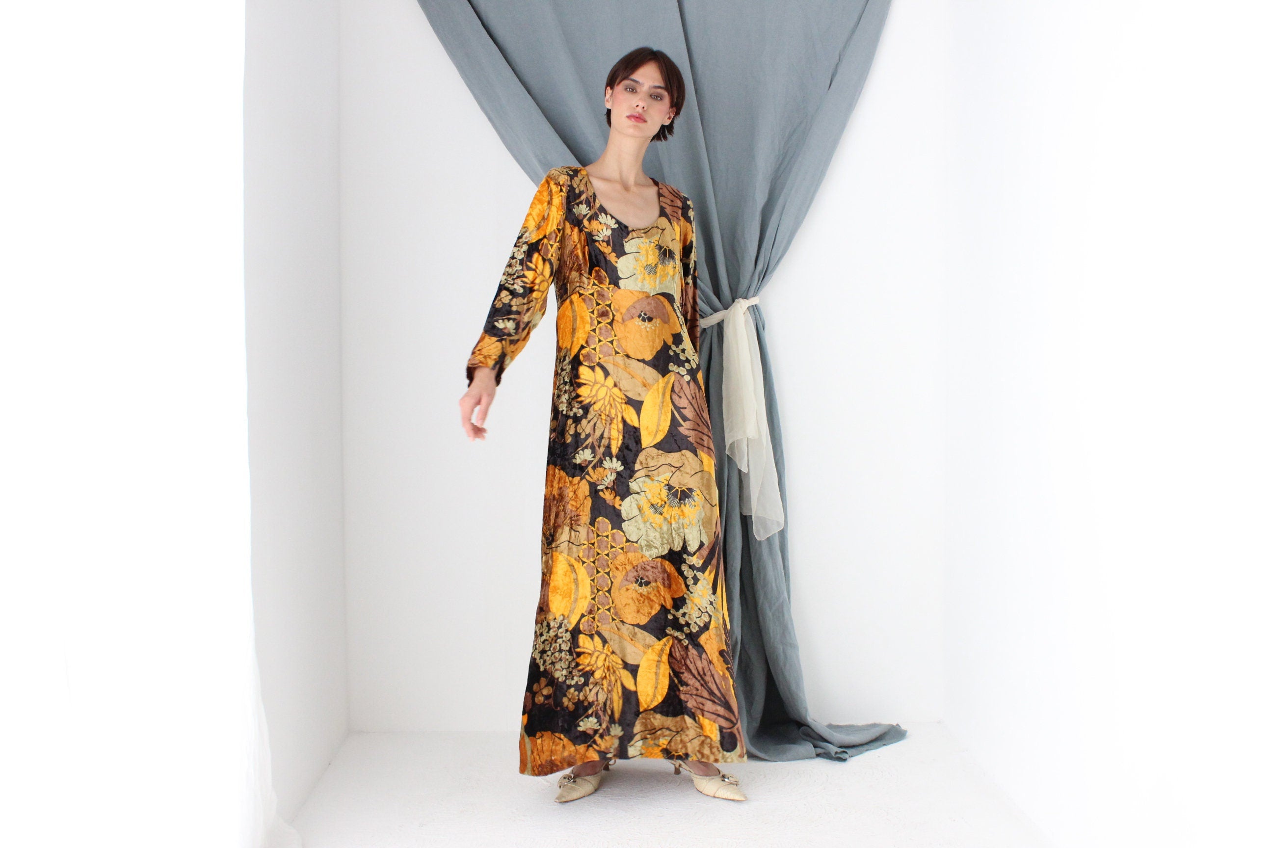 MADE IN ITALY One of a Kind Handmade 1970s Floral Rayon Velvet Maxi