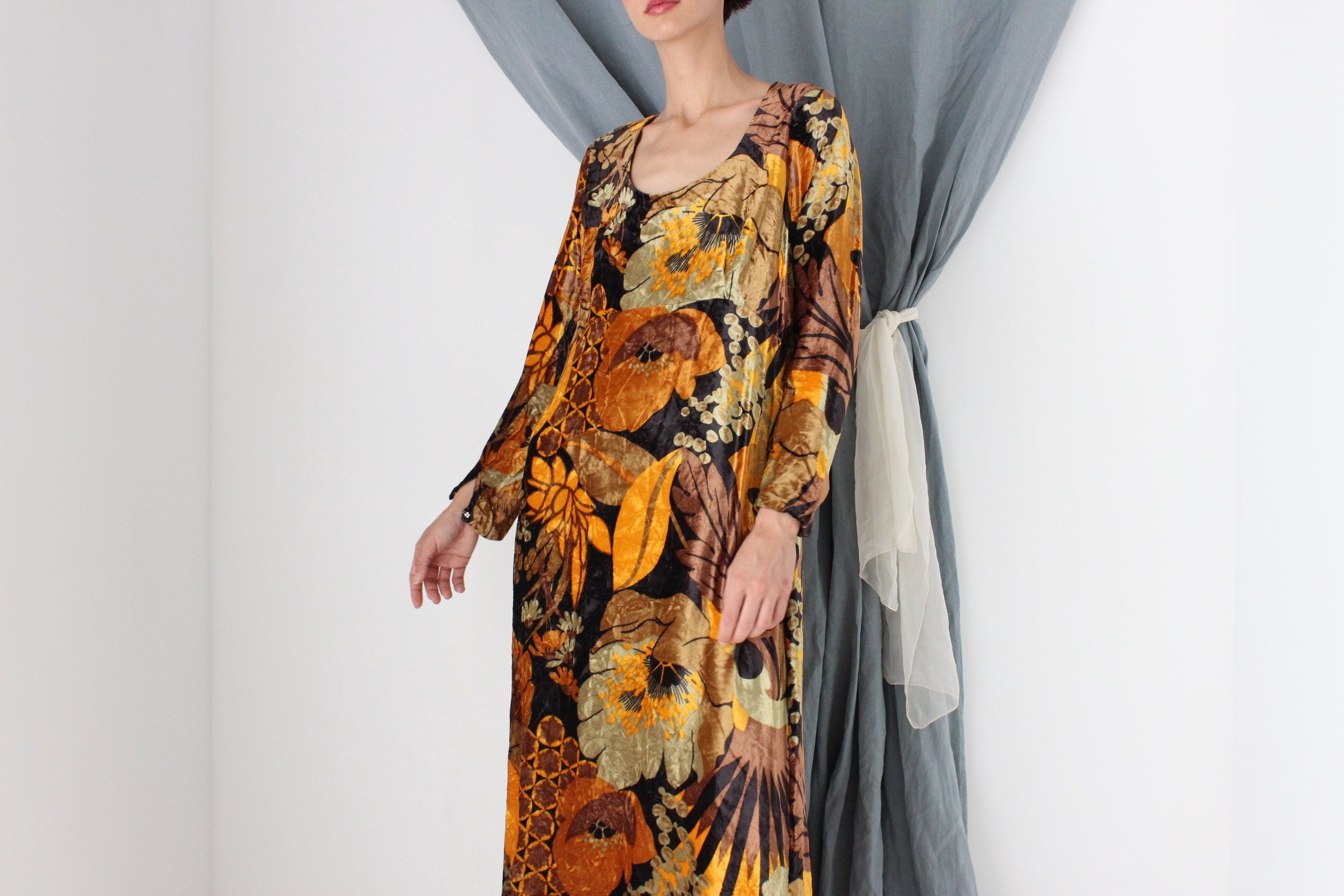 MADE IN ITALY One of a Kind Handmade 1970s Floral Rayon Velvet Maxi