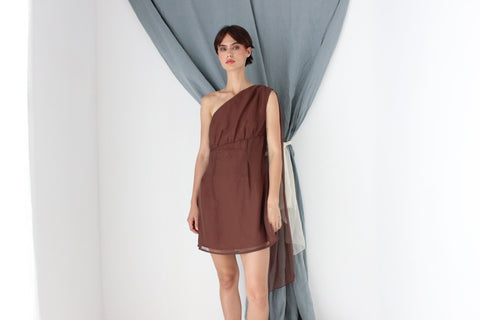 MADE IN ITALY 70s Milk Chocolate One Shoulder Cocktail Dress w/ Organza Cape Detail