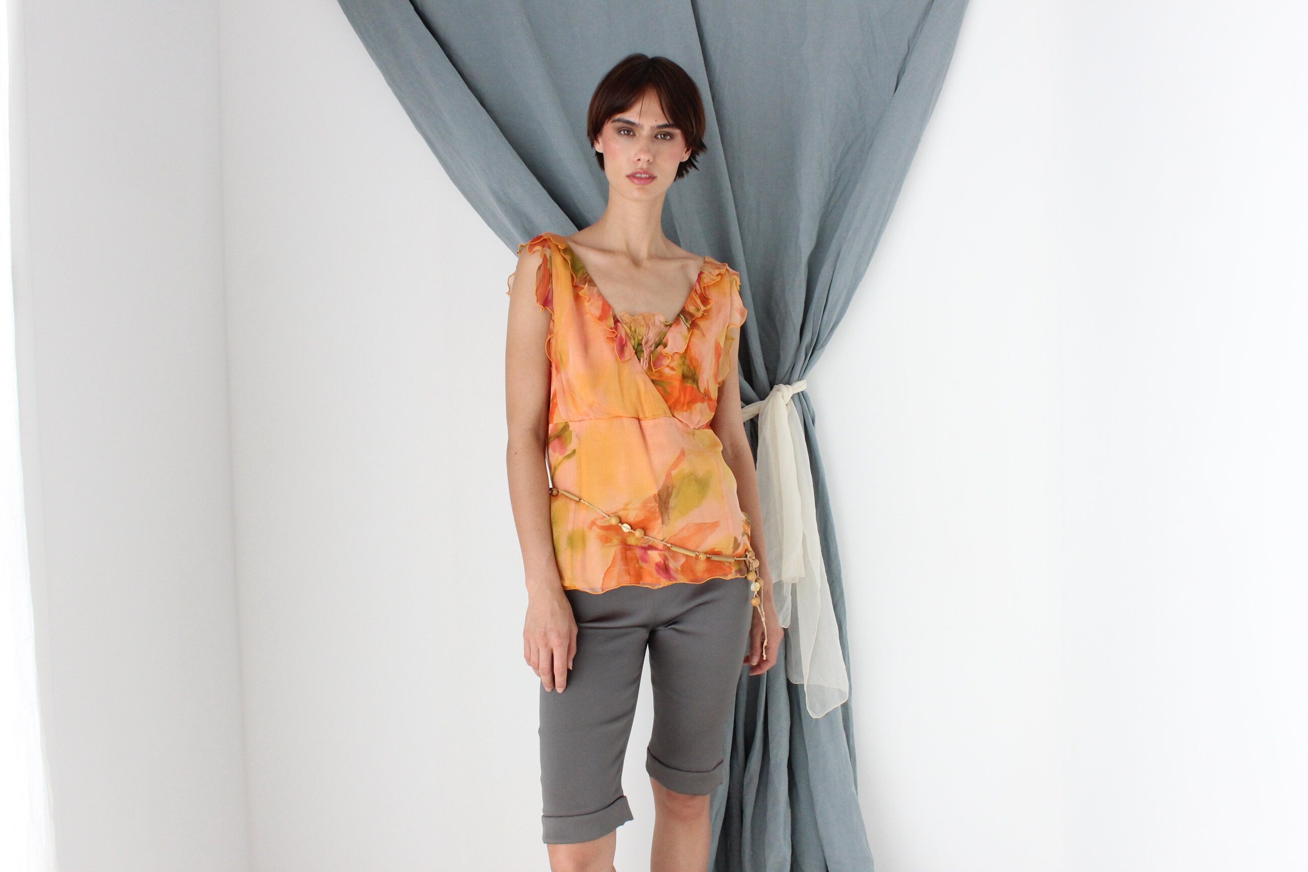 MADE IN ITALY Y2K Pure Silk Ruffle Romantic Floral Top