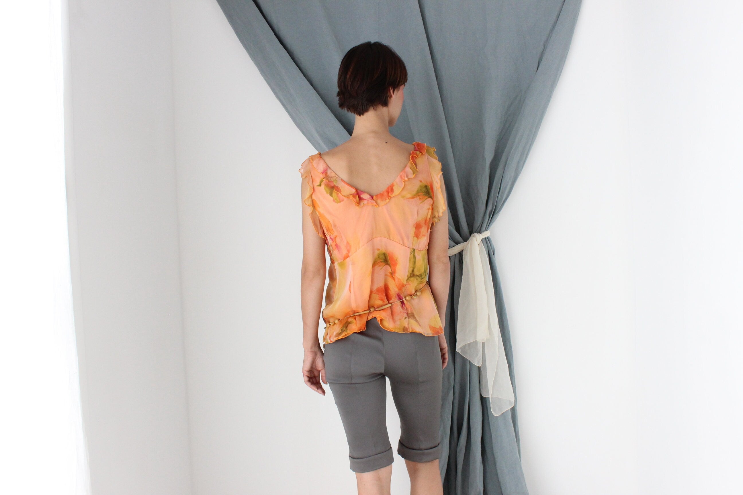 MADE IN ITALY Y2K Pure Silk Ruffle Romantic Floral Top